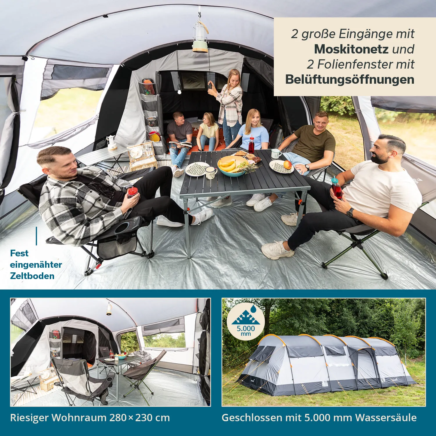 Zeltinterieur mit sechs Personen, die an einem Tisch sitzen. Esswaren und Getränke stehen auf dem Tisch.