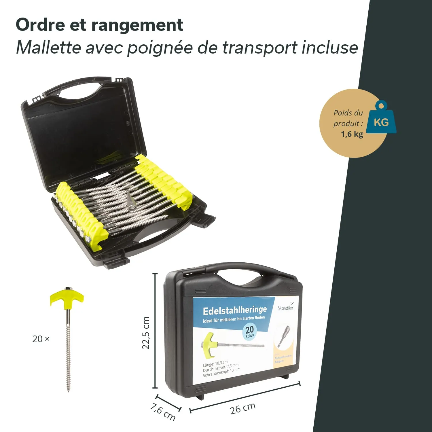Schwarze Werkzeugkiste mit gelben Halterungen und Edelstahlschrauben. Kiste offen und mit Transportgriff. Maße angegeben.