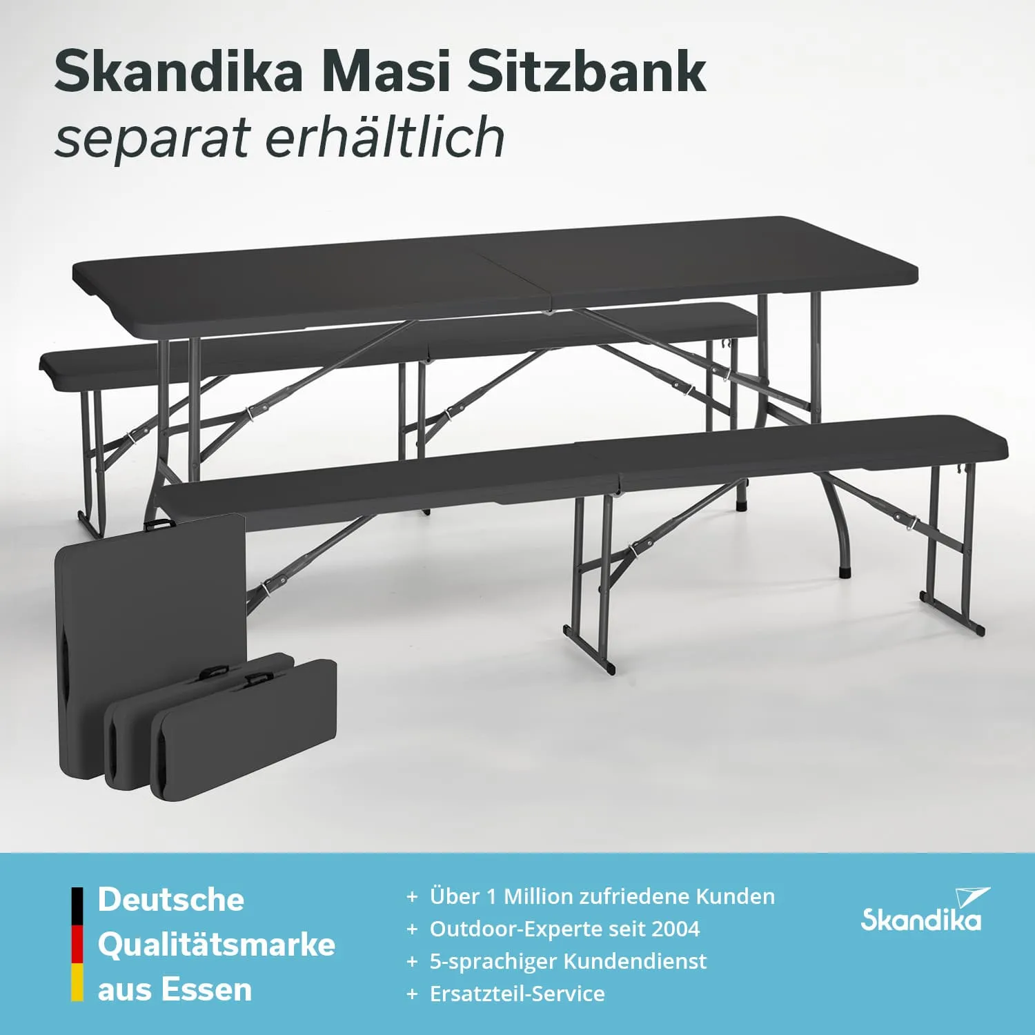 Sitzbank mit Tisch in Grau, faltbar, begleitet von drei zusammenklappbaren Teilen. Platz für mehrere Personen.