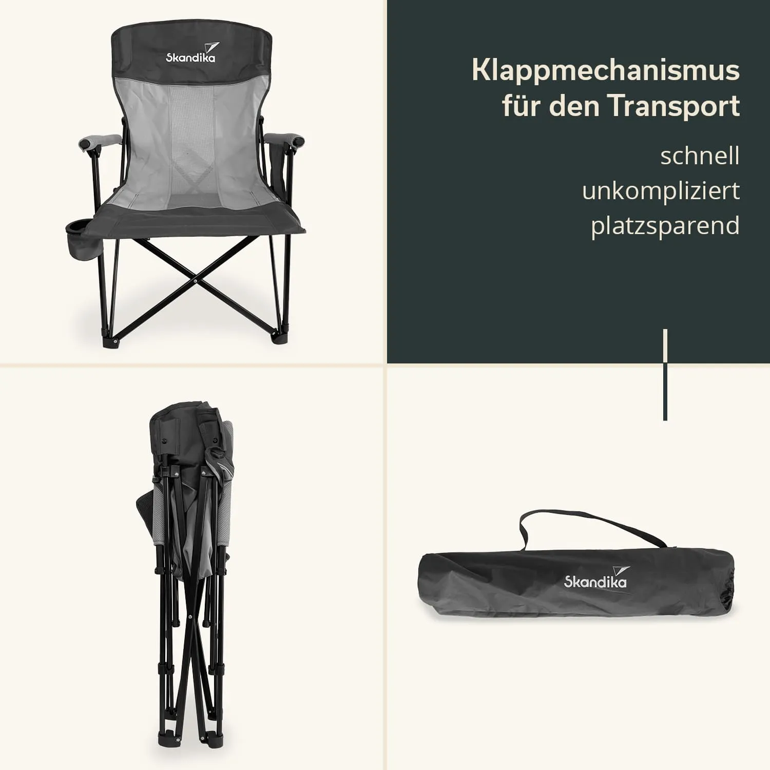 Faltstuhl in Grau mit Armlehnen und Getränkehalter, zusammengeklappt rechts und in Tragetasche auf dem Boden.