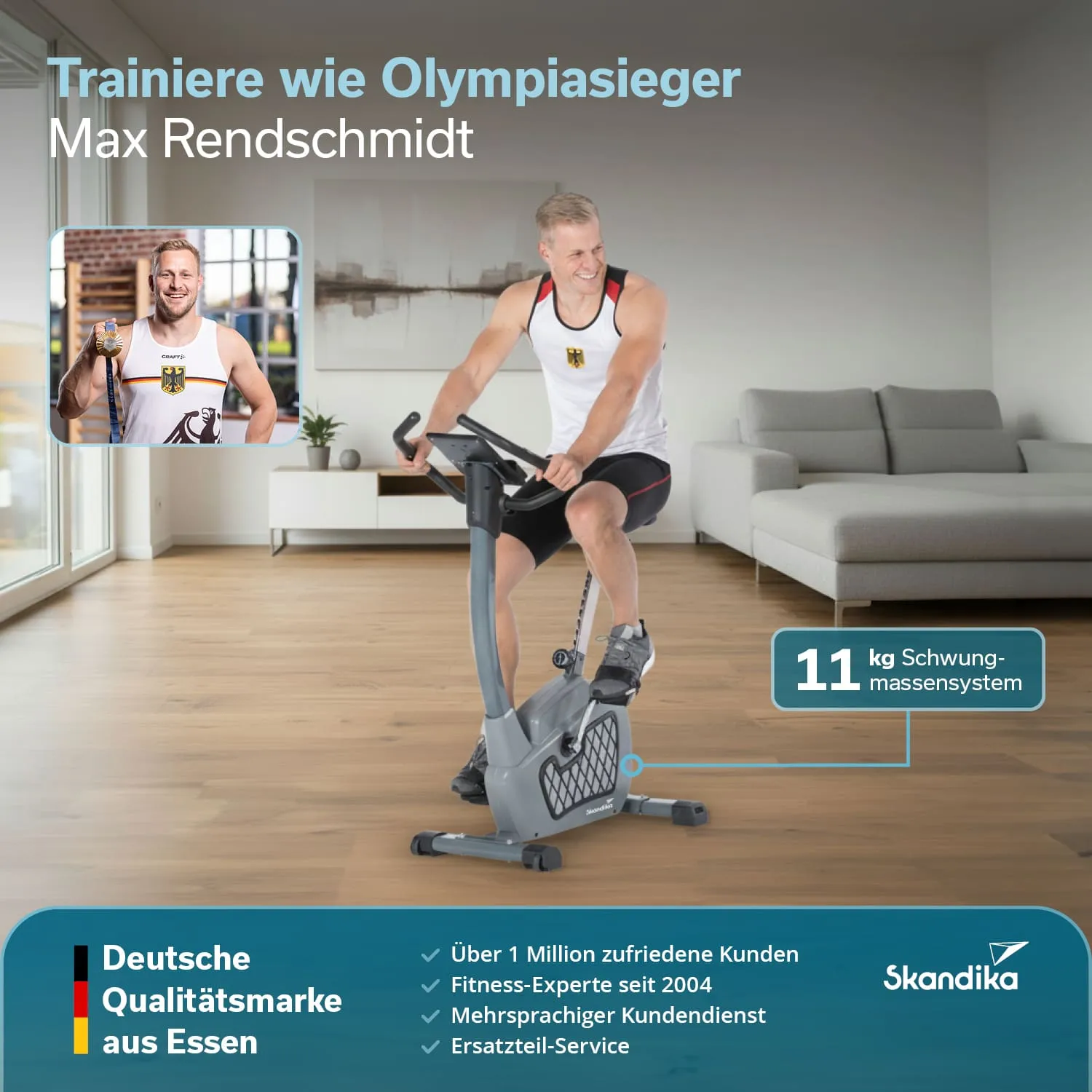 Eine Person trainiert auf einem Heimtrainer in einem modernen Raum mit Holzfußboden und Fenster.