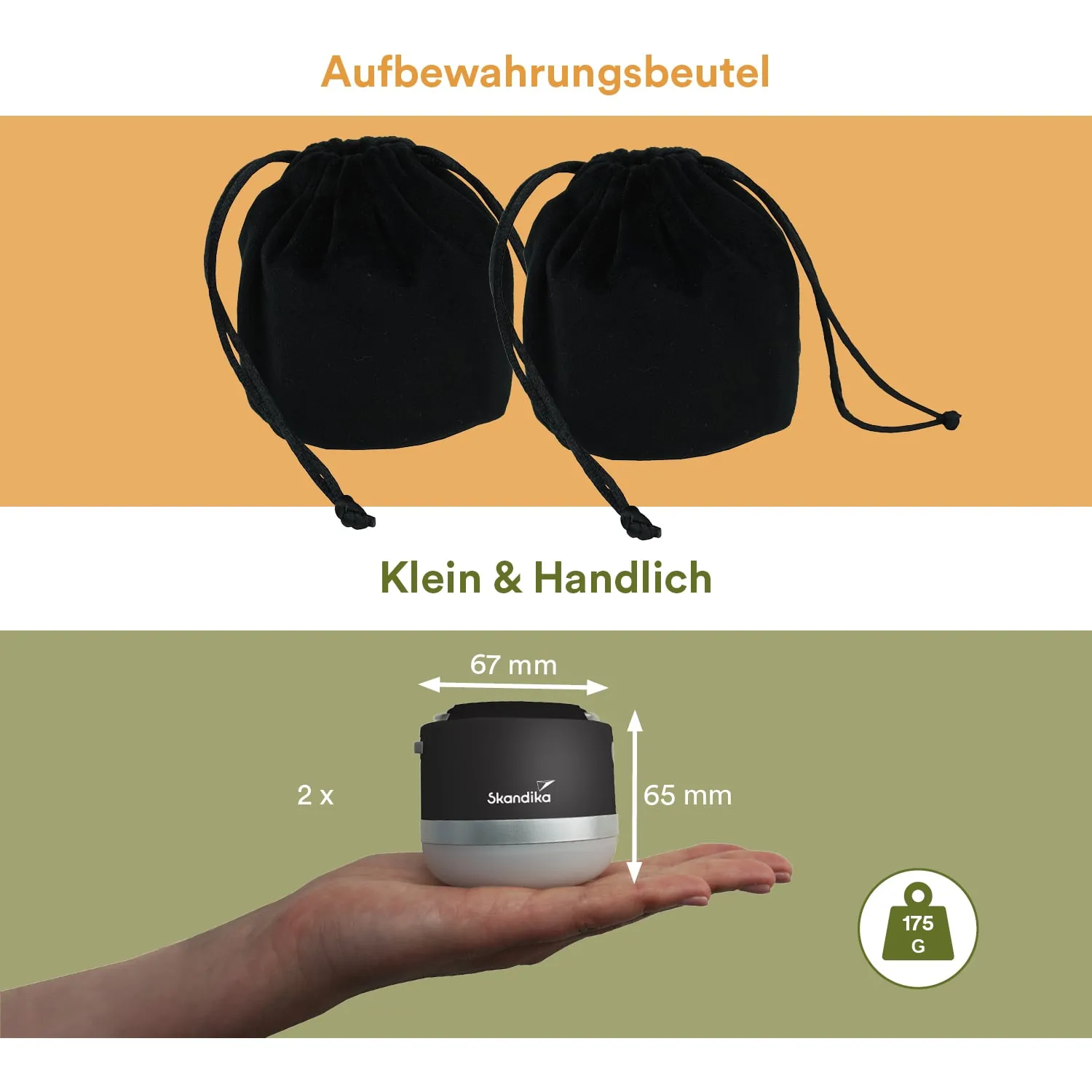 Zwei schwarze Aufbewahrungsbeutel sind oben abgebildet. Darunter befindet sich ein Behälter in einer Hand, mit Maßen von 67 mm und 65 mm, sowie einem Gewicht von 175 g.