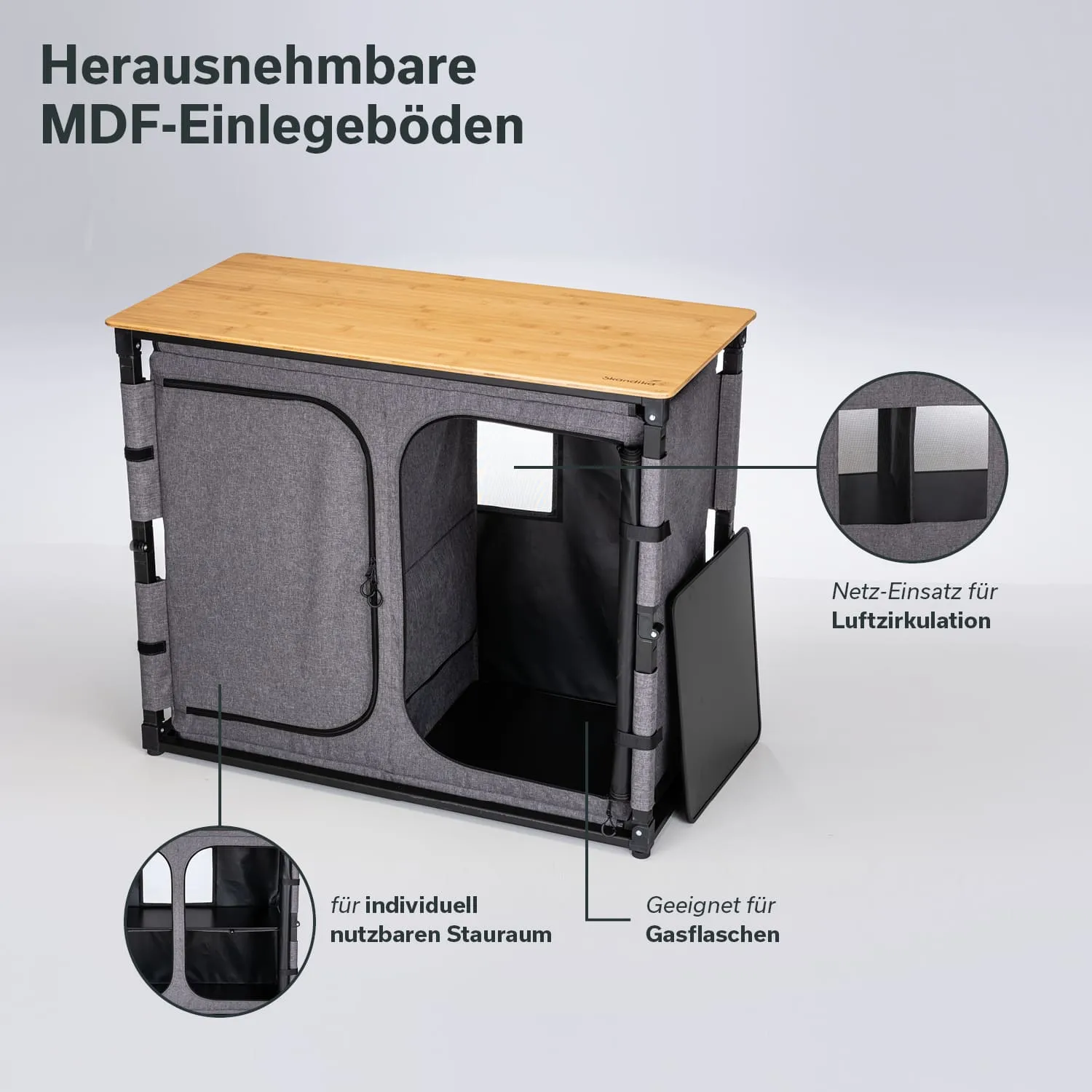 MDF-Einlegeböden in einer grauen Aufbewahrungseinheit mit Holzoberfläche. Seitliche Öffnungen und Netzeinsätze sind sichtbar.