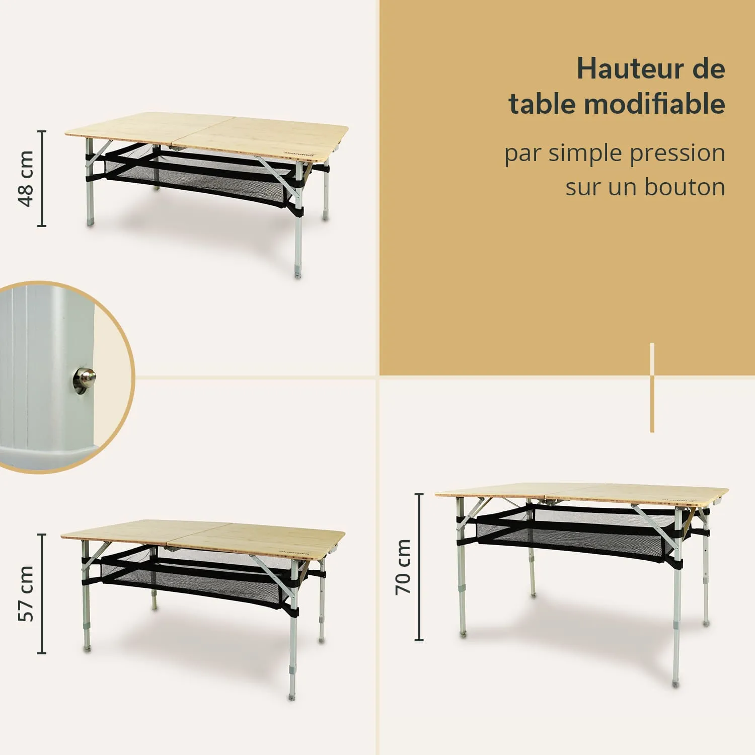 Klappbarer Tisch mit verstellbarer Höhe in drei Positionen (48 cm, 57 cm, 70 cm) und schwarzem Untergestell.