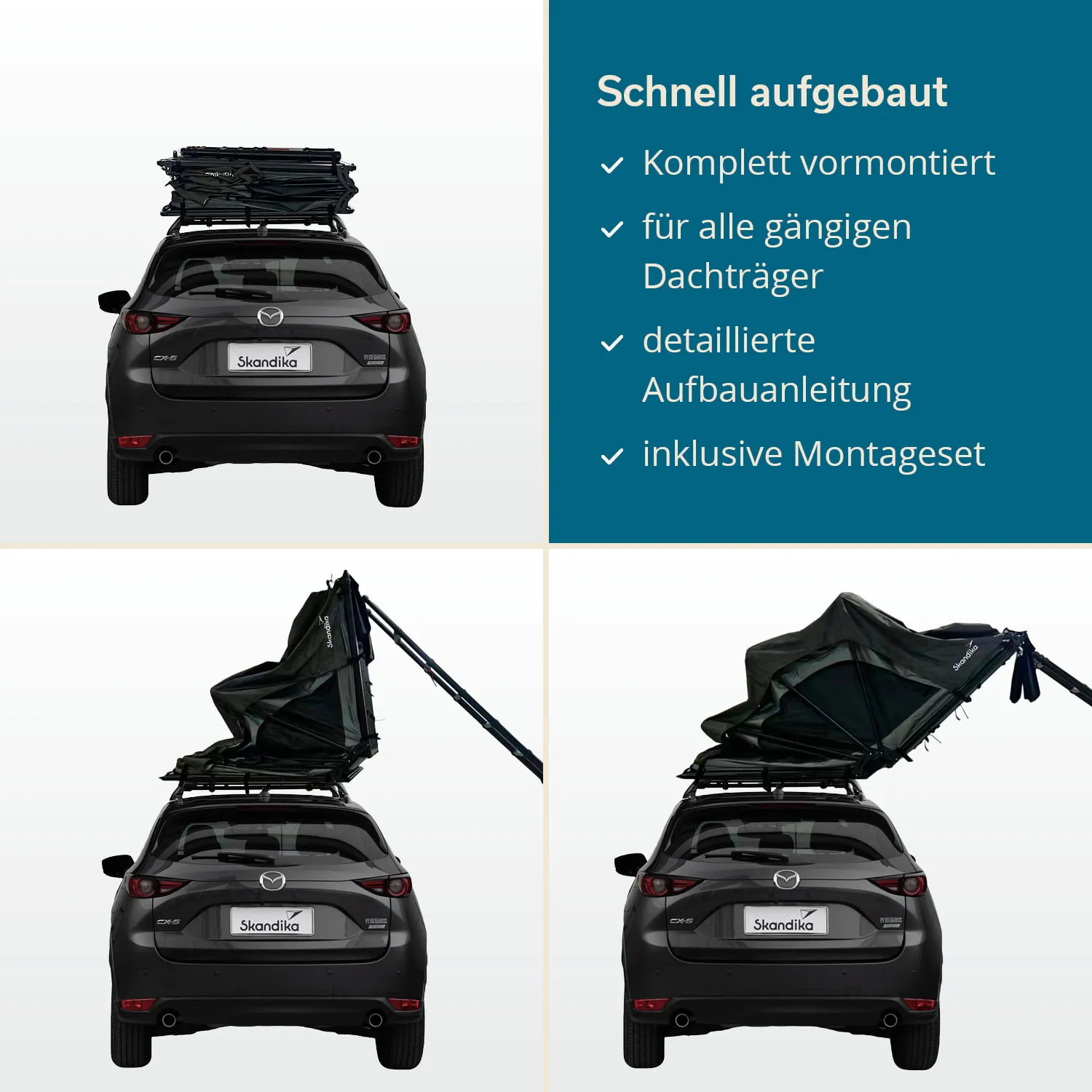 Dachzelt auf einem Auto, mit verschiedenen Montagezuständen. Textinformationen über Aufbau und Zubehör rechts.