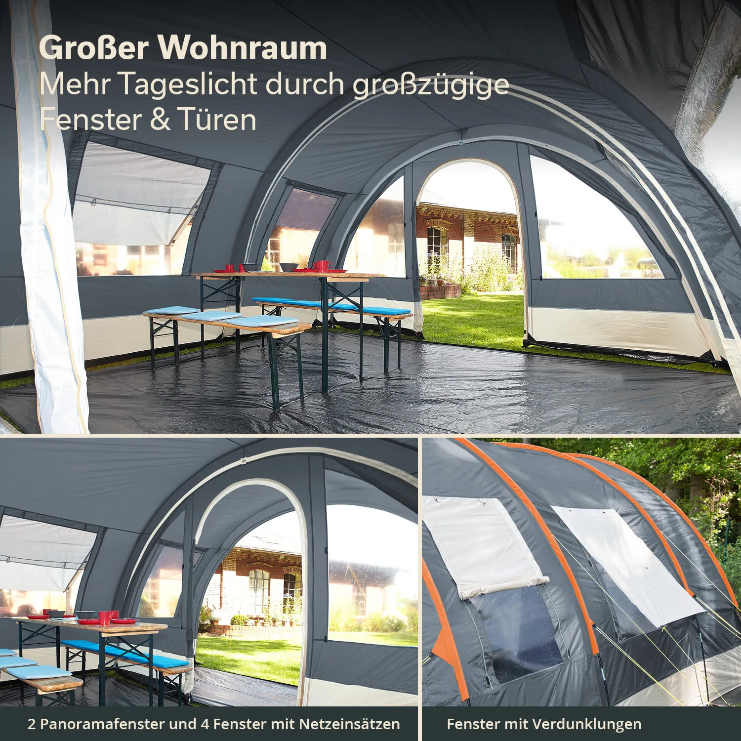 Zeltinnenraum mit einem Tisch und Bänken. Große Fenster und Türen sorgen für Tageslicht. Sicht auf Garten und Gebäude im Hintergrund.