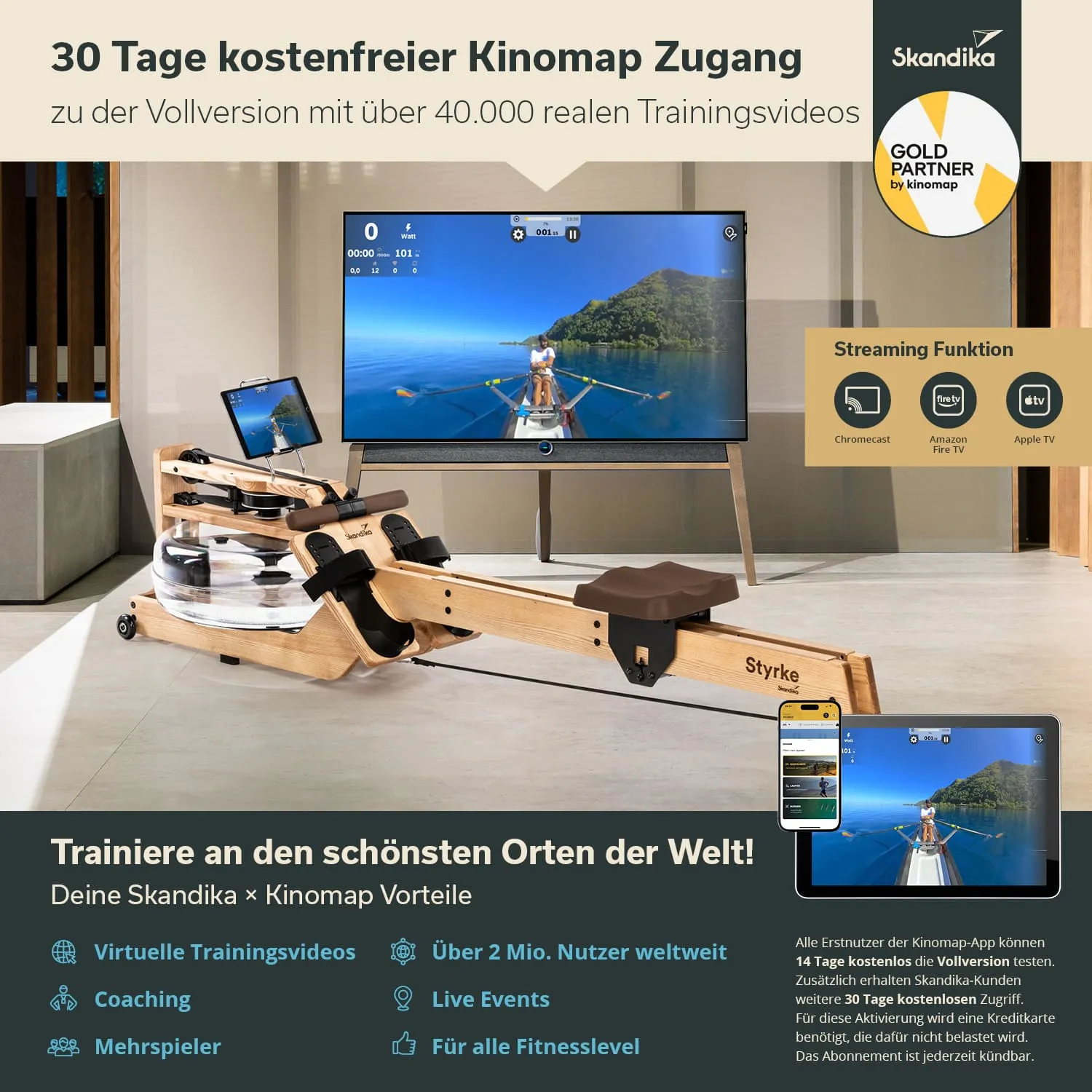 Rudergerät aus Holz mit Wassertank und Sitz, Bildschirm zeigt ein Trainingsvideo. Werbung für Kinomap-Zugang und Funktionen.