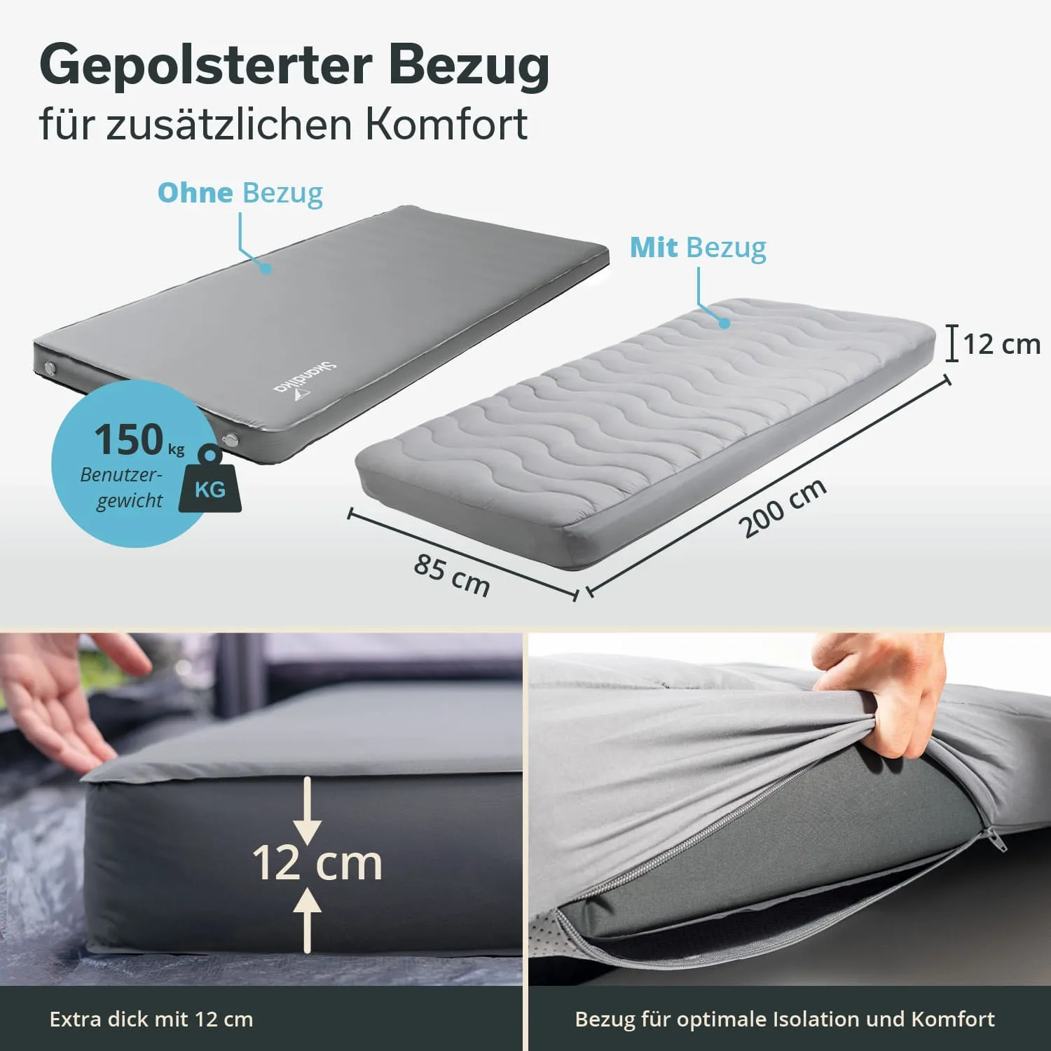 Gepolsterte Matratze mit Abmessungen und Bezug, unterteilt in Text und Bildern. Kennzahlen: 150 kg Gewicht, 12 cm dick.