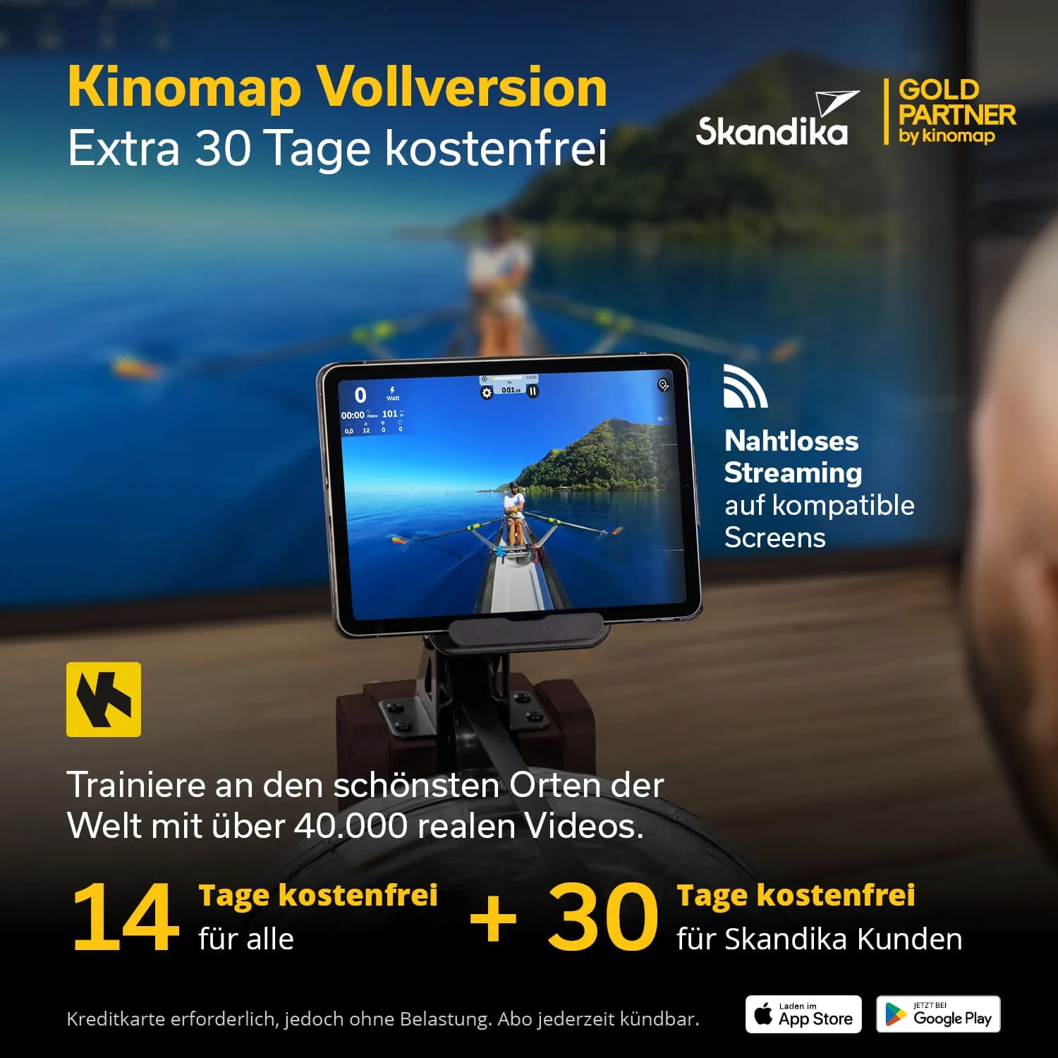 Tablet mit einem Ruderer auf einem Gewässer, neben Text zu einem Fitness-Angebot von Kinomap und Skandika.