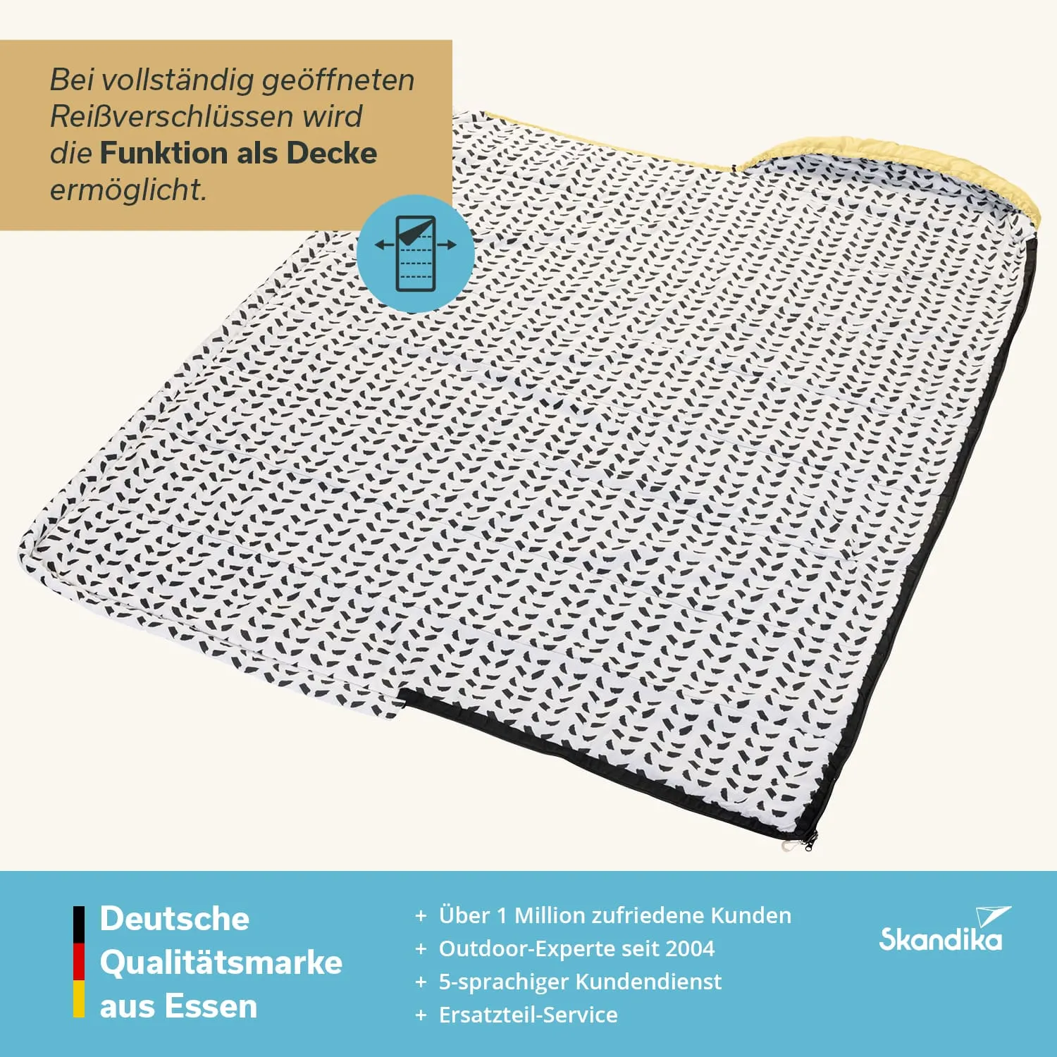 Eine Decke mit einem Muster aus kleinen Blättern in Schwarz auf Weiß, am Rand mit einem schwarzen und gelben Reißverschluss.