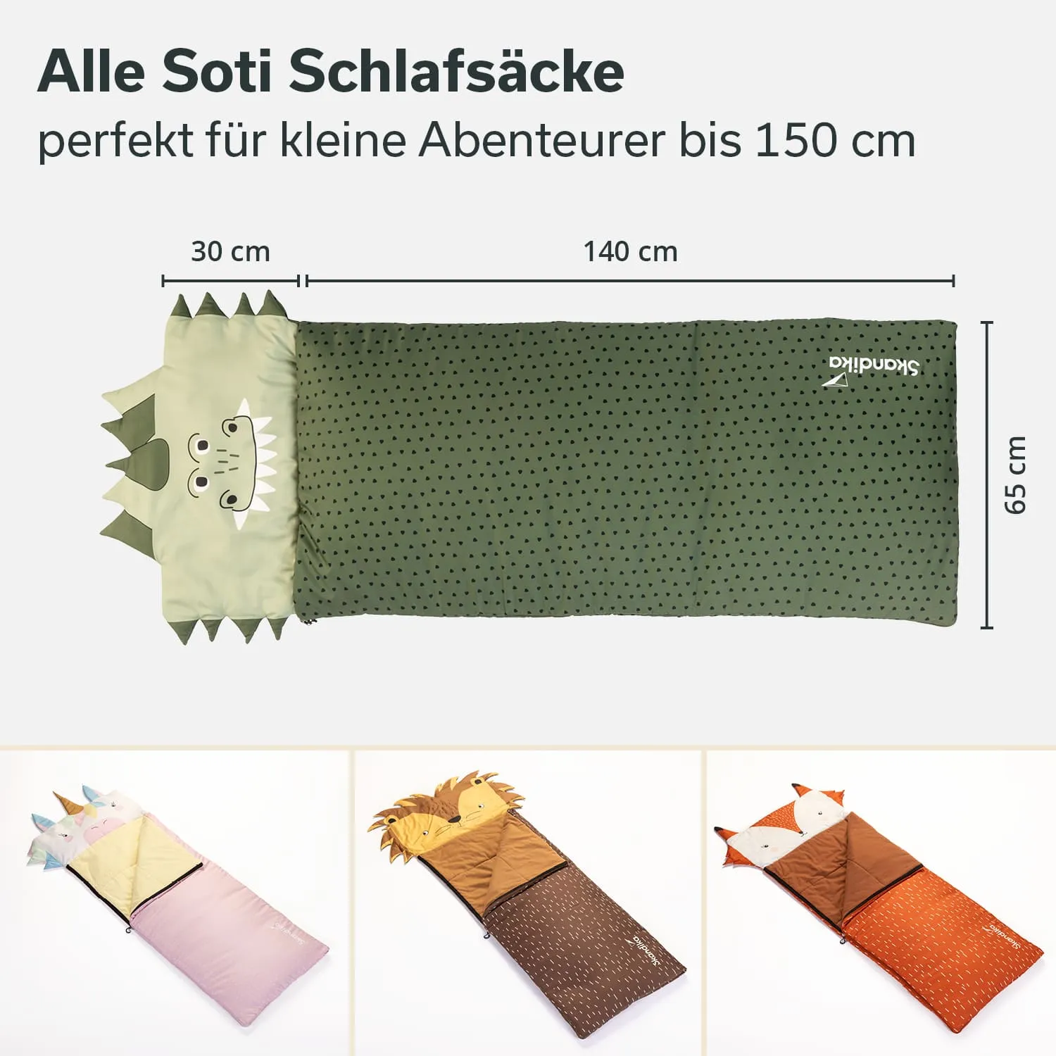 Schlafsäcke in verschiedenen Tierdesigns: grün mit Dino-Kopf, braun mit Löwenkopf und orange mit Fuchs-Motiv.