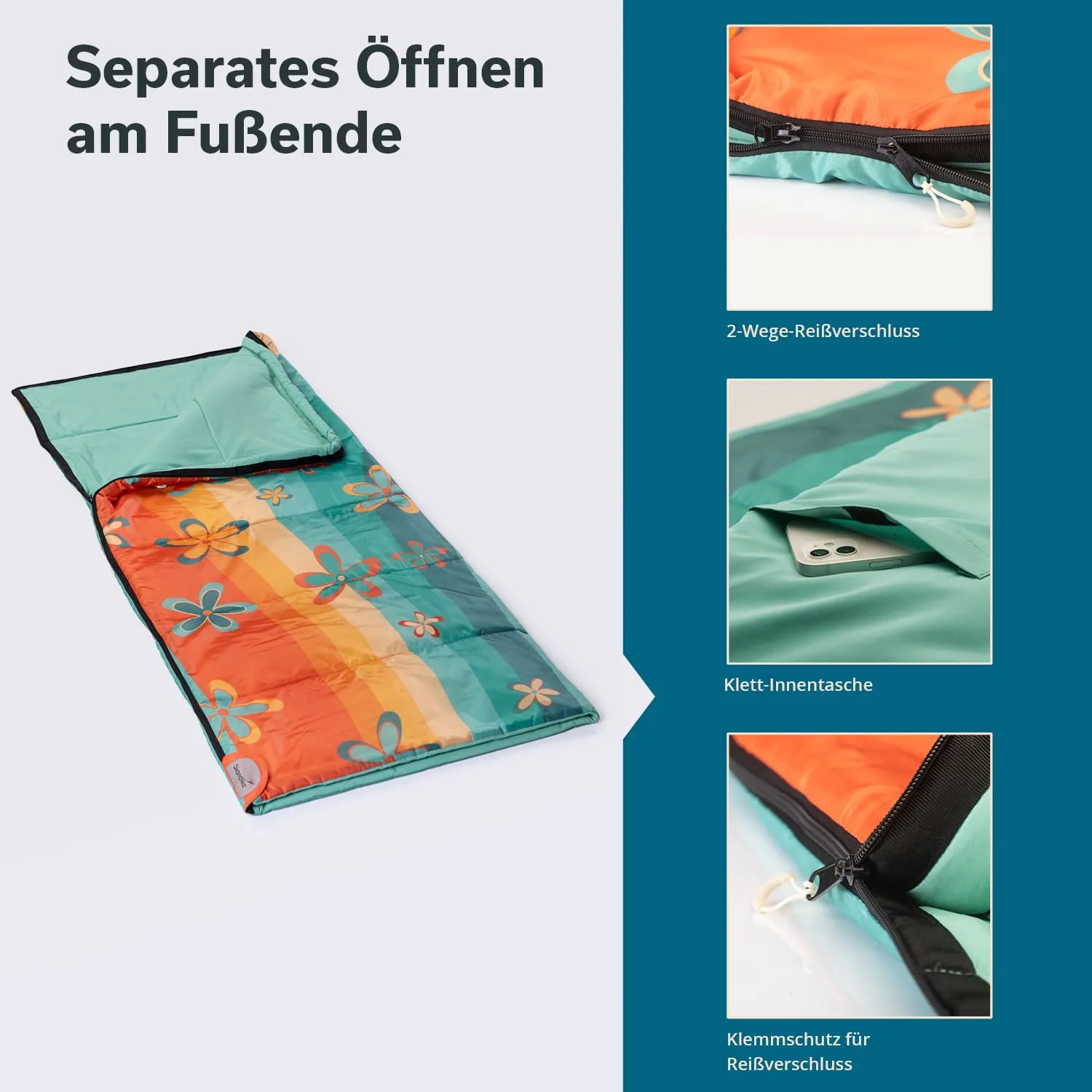 Schlafsack in bunten Farben mit Blumenmustern, geöffnet am oberen Ende. Details: 2-Wege-Reißverschluss, Klett-Innentasche.