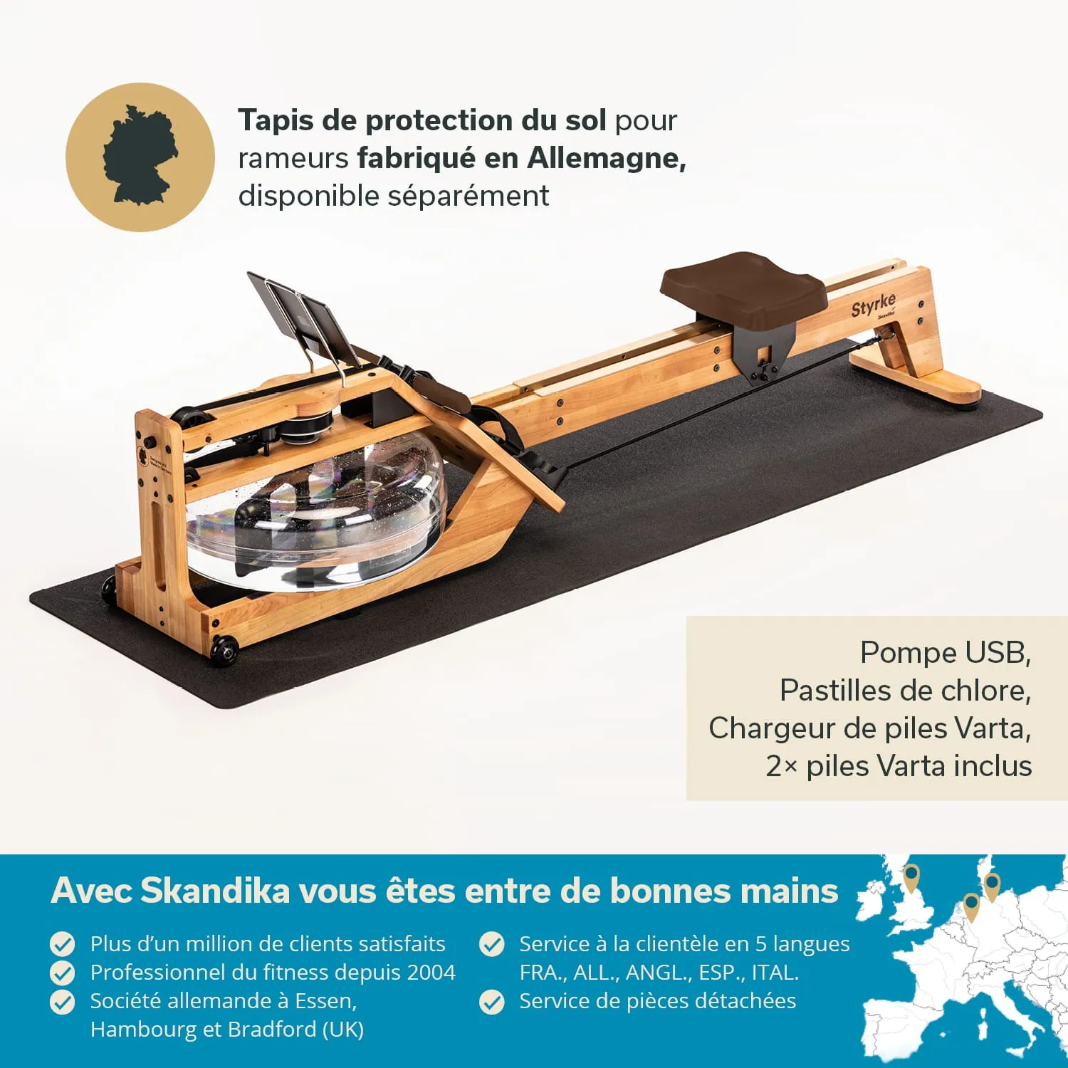 Schutzmatte für Rudergeräte auf einem hellen Hintergrund. Links ein Rudergerät aus Holz mit transparentem Wassertank.