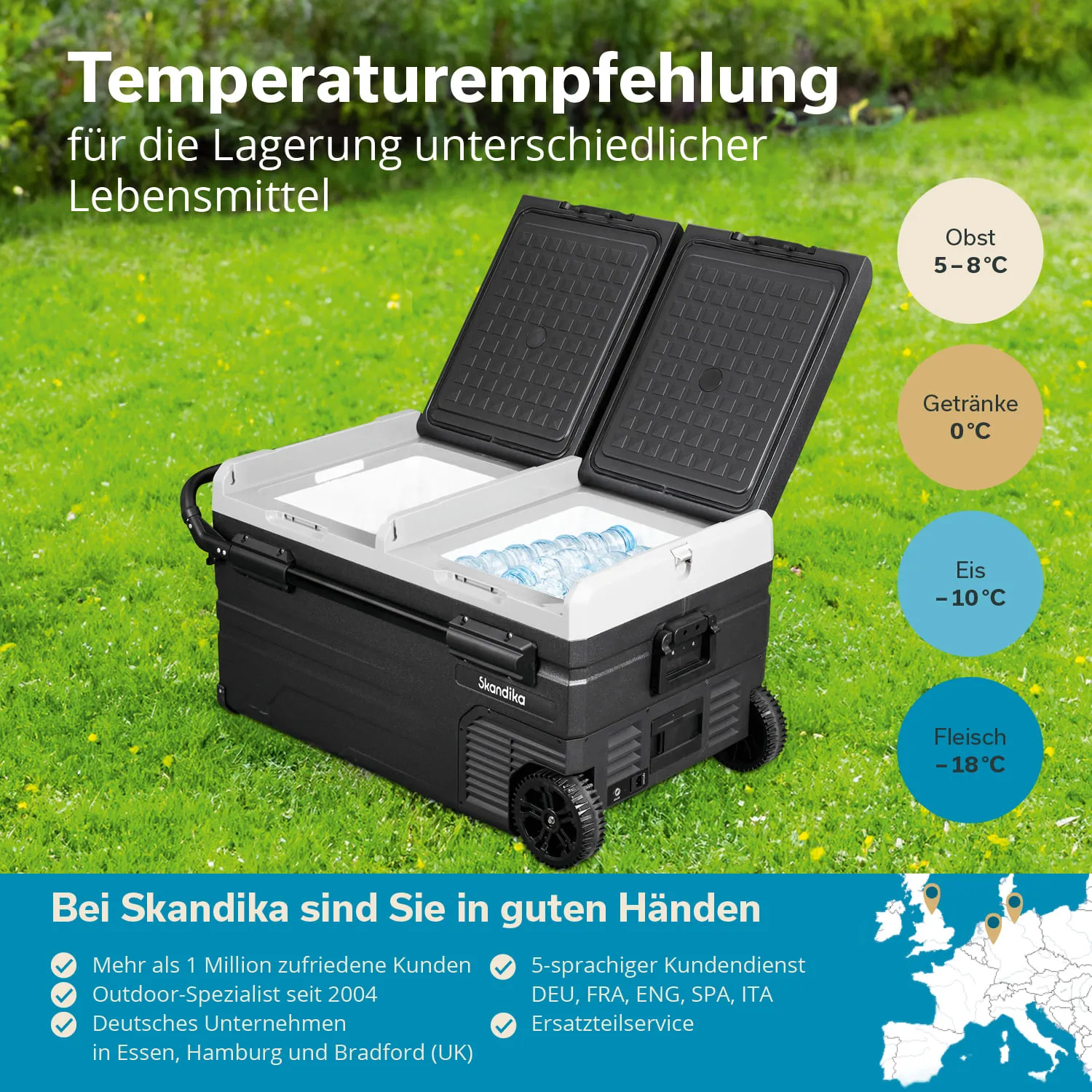 Kühlbox mit zwei Fächern und Flaschen, auf einer grünen Wiese. Temperaturempfehlungen für Lebensmittel sind sichtbar.