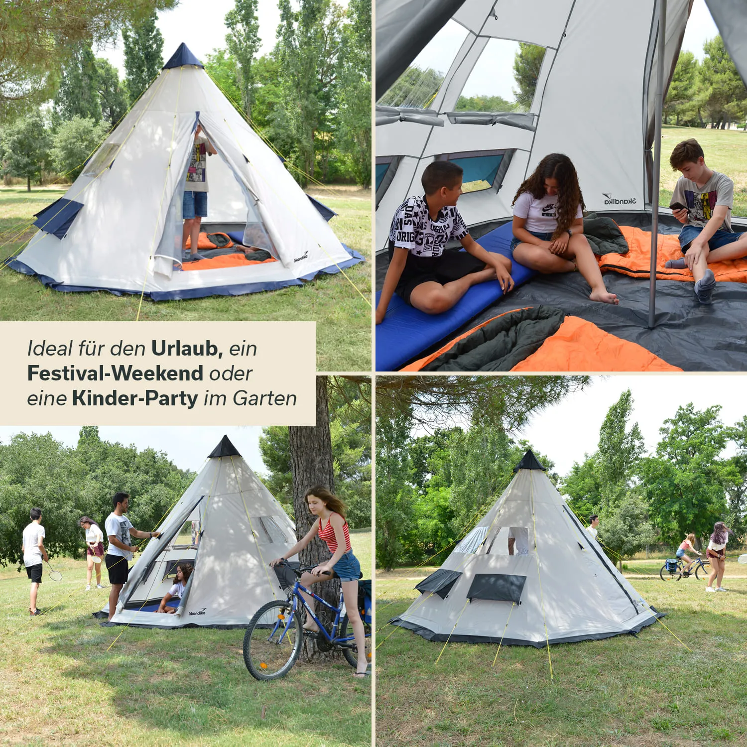Zelt im Freien mit Kindern, die drinnen sitzen und spielen. Grüne Wiese und Bäume im Hintergrund. Kinder mit einem Fahrrad.