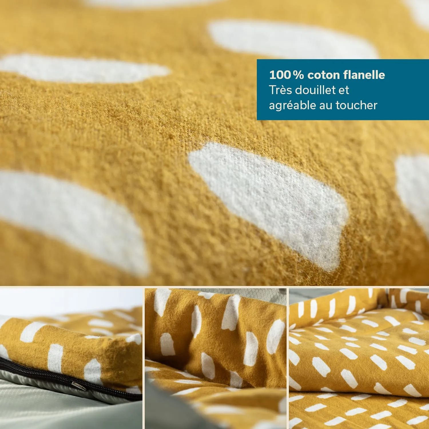 Bettwäsche aus gelbem Baumwollflanell mit weißen, abstrakten Mustern. Nahaufnahme der Textur und des Designs.