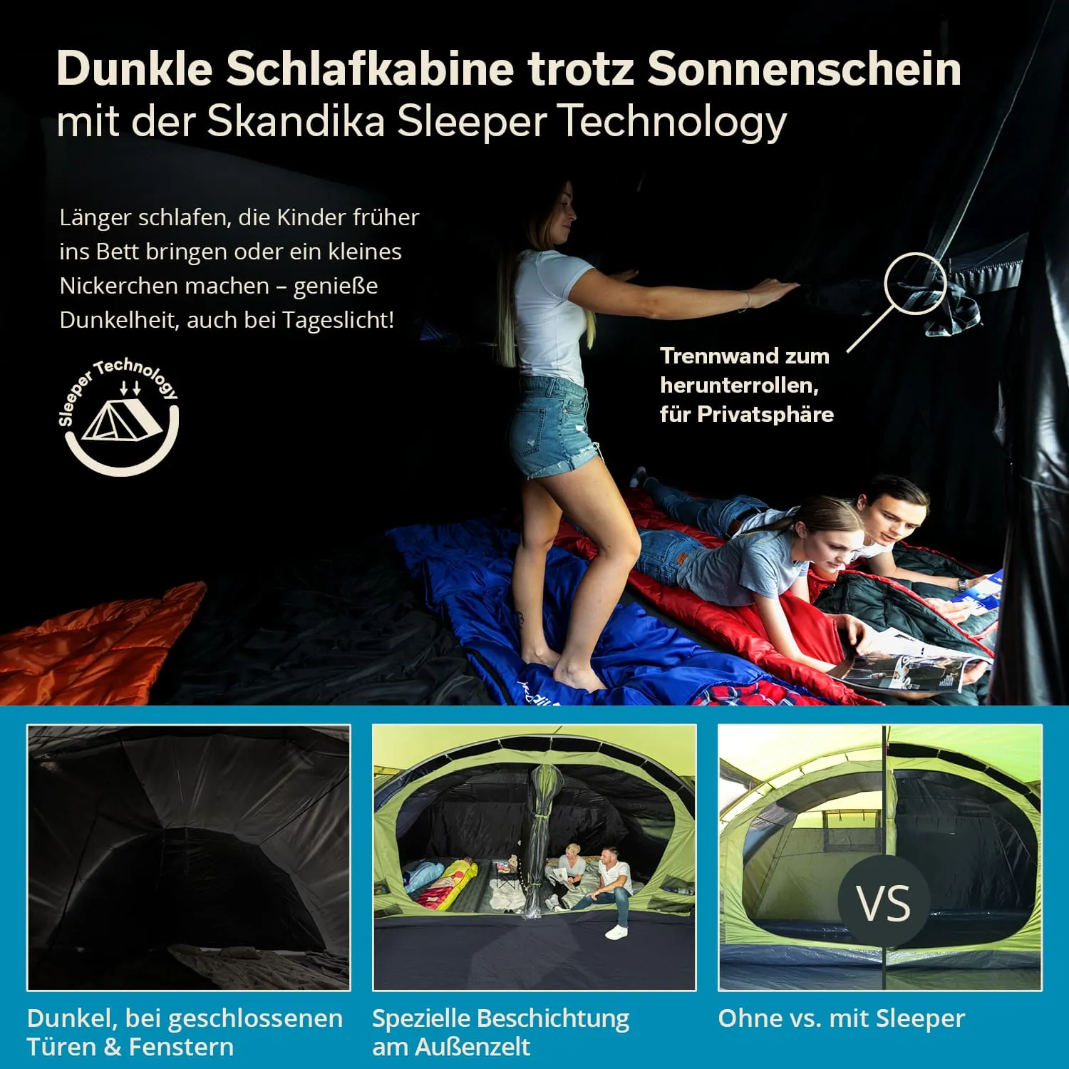 Dunkle Schlafkabine aus einem Zelt mit Schläfern, darunter eine Vergleichsdarstellung von zwei Zelten.