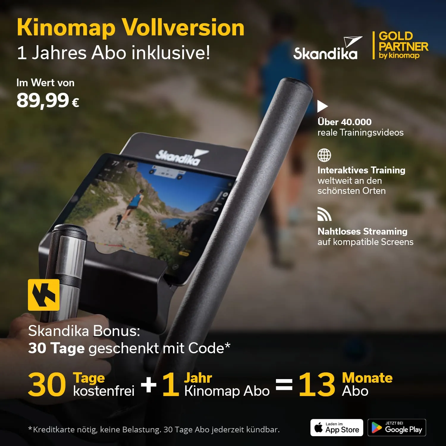 Werbung für Skandika. Vorne ein Bildschirm mit Trainingsvideos, im Hintergrund eine Outdoor-Szene. Informationen zu einem Abo und Bonusangebot.