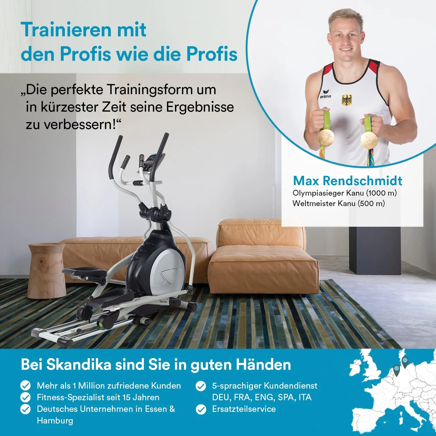 Fitnessgerät im Vordergrund, im Hintergrund eine Couch und ein Teppich. Person mit Medaillen hält zwei Goldmedaillen. Textboxen mit Informationen und Firmenlogo.