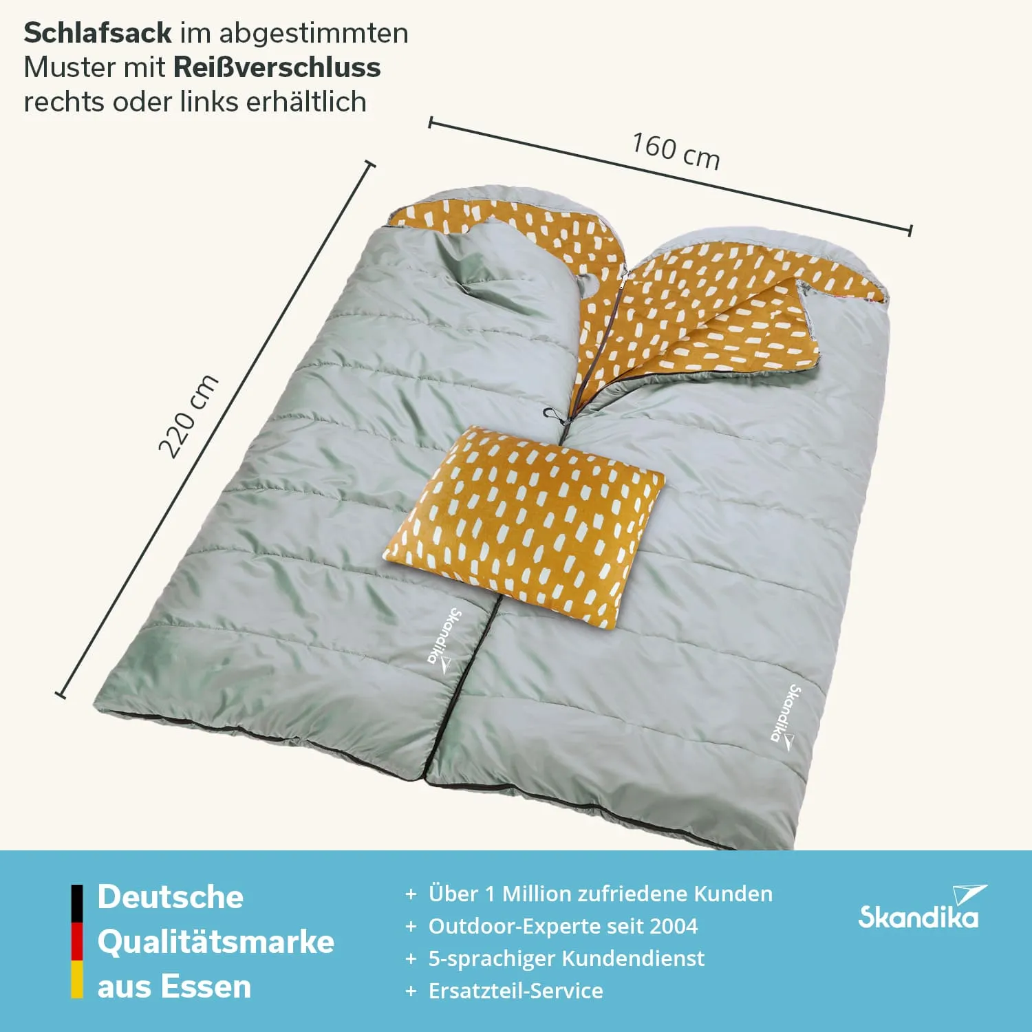 Schlafsack mit abgerundetem Kopfbereich, grauer Außenfarbe und gemusterter Innenverkleidung. Kissen in Orangeton.