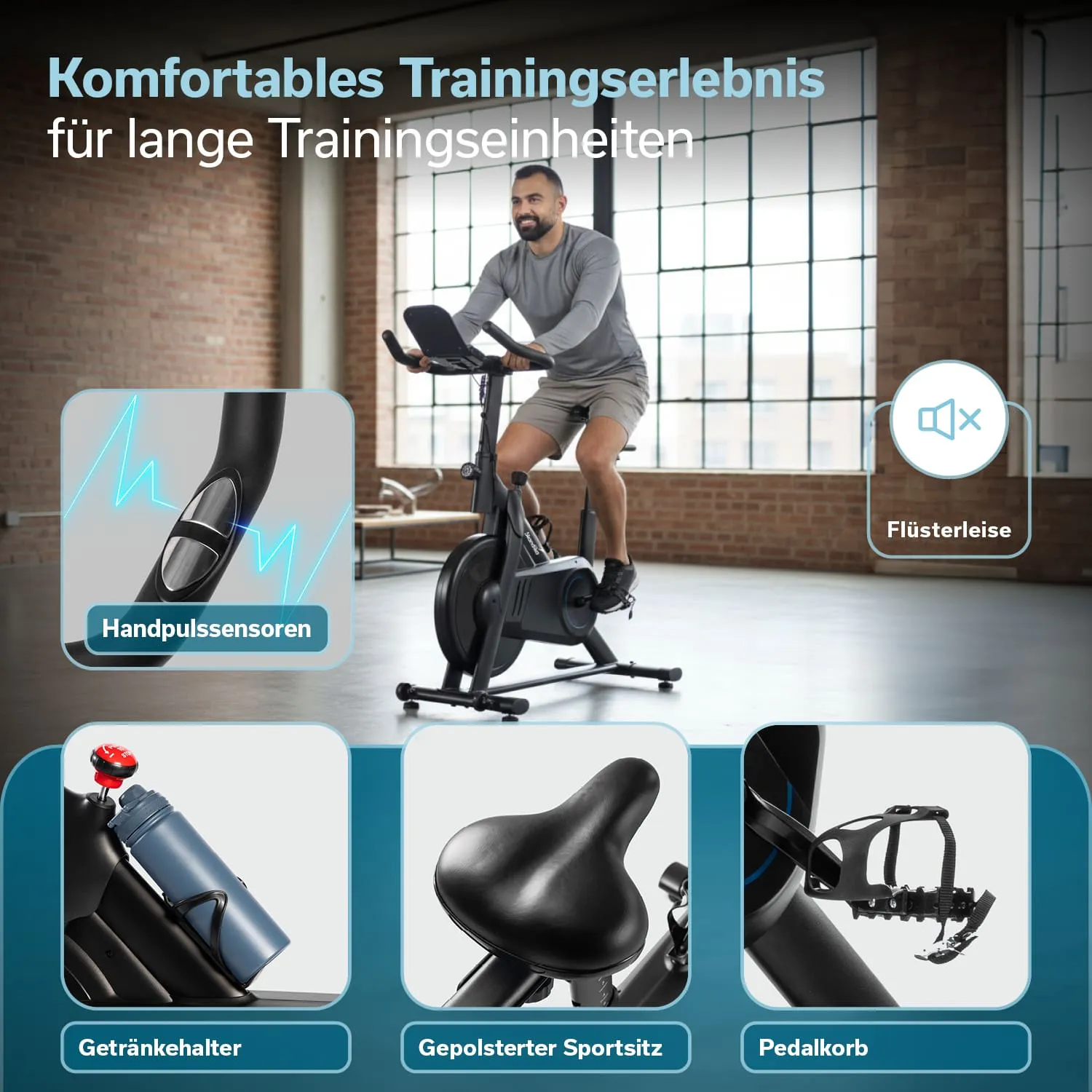 Fitnessbike mit Person, die darauf sitzt. Fenster im Hintergrund, bequemer Sitz, Handpulssensoren, Getränkehalter.