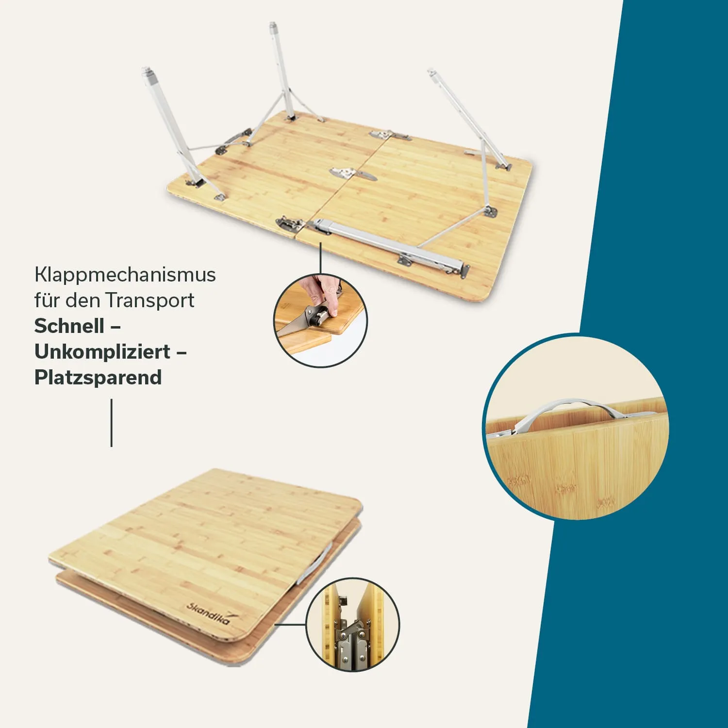 Faltbarer Tisch aus Bambus mit abnehmbaren Aluminiumbeinen. Nahaufnahmen zeigen Klappmechanismus und Tragegriff.