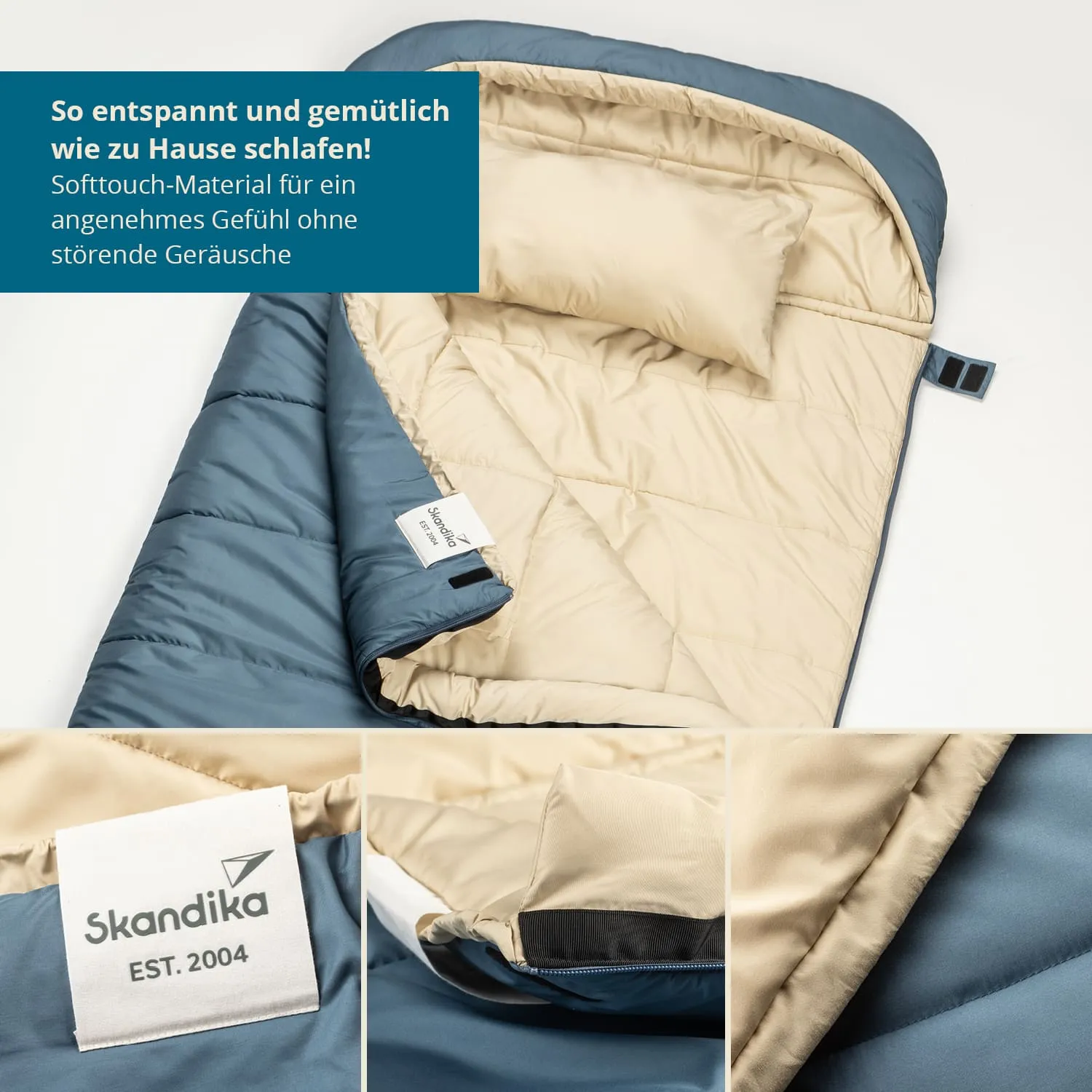 Schlafsack in Blau und Beige, geöffnet mit einer kleinen Kopfstütze, sichtbar Label von Skandika. Text beschreibt das Material.