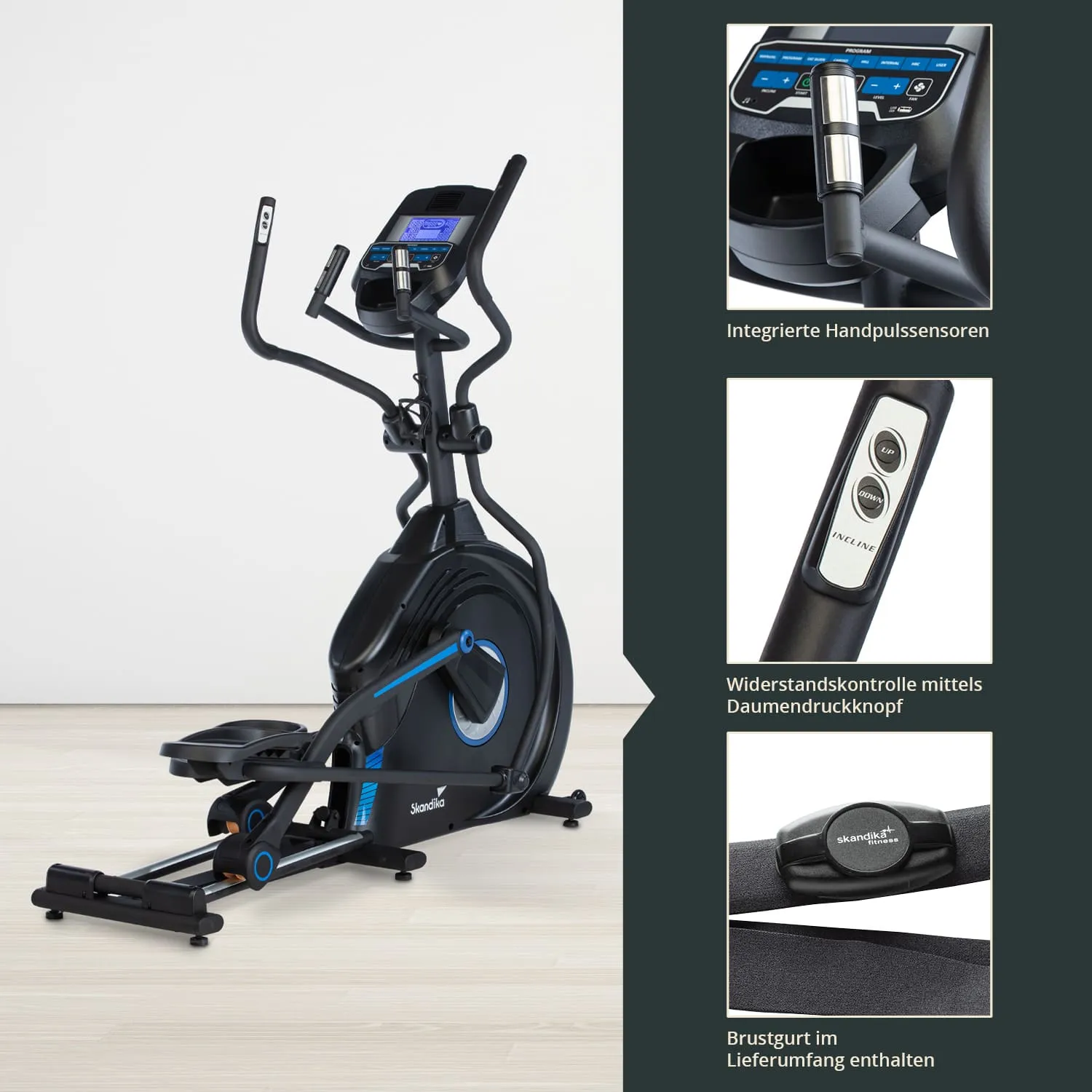 Ein Ellipsentrainer mit einem blauen und schwarzen Design steht auf einem hellen Boden. Der Bildschirm zeigt verschiedene Trainingsdaten. Daneben sind Produktmerkmale wie integrierte Handpulssensoren, Widerstandskontrolle und ein Brustgurt abgebildet.
