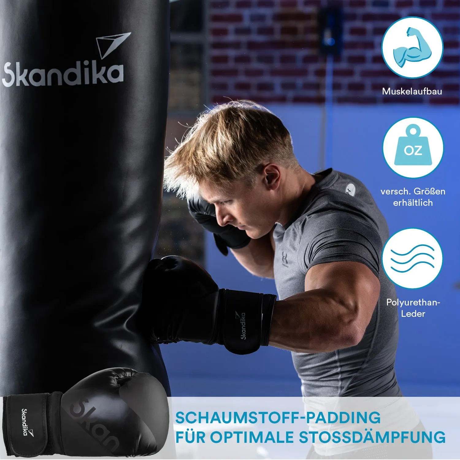 Mann mit sportlichem Oberteil und Boxhandschuhen schlägt einen Boxsack. Hintergrund zeigt eine Trainingsumgebung.