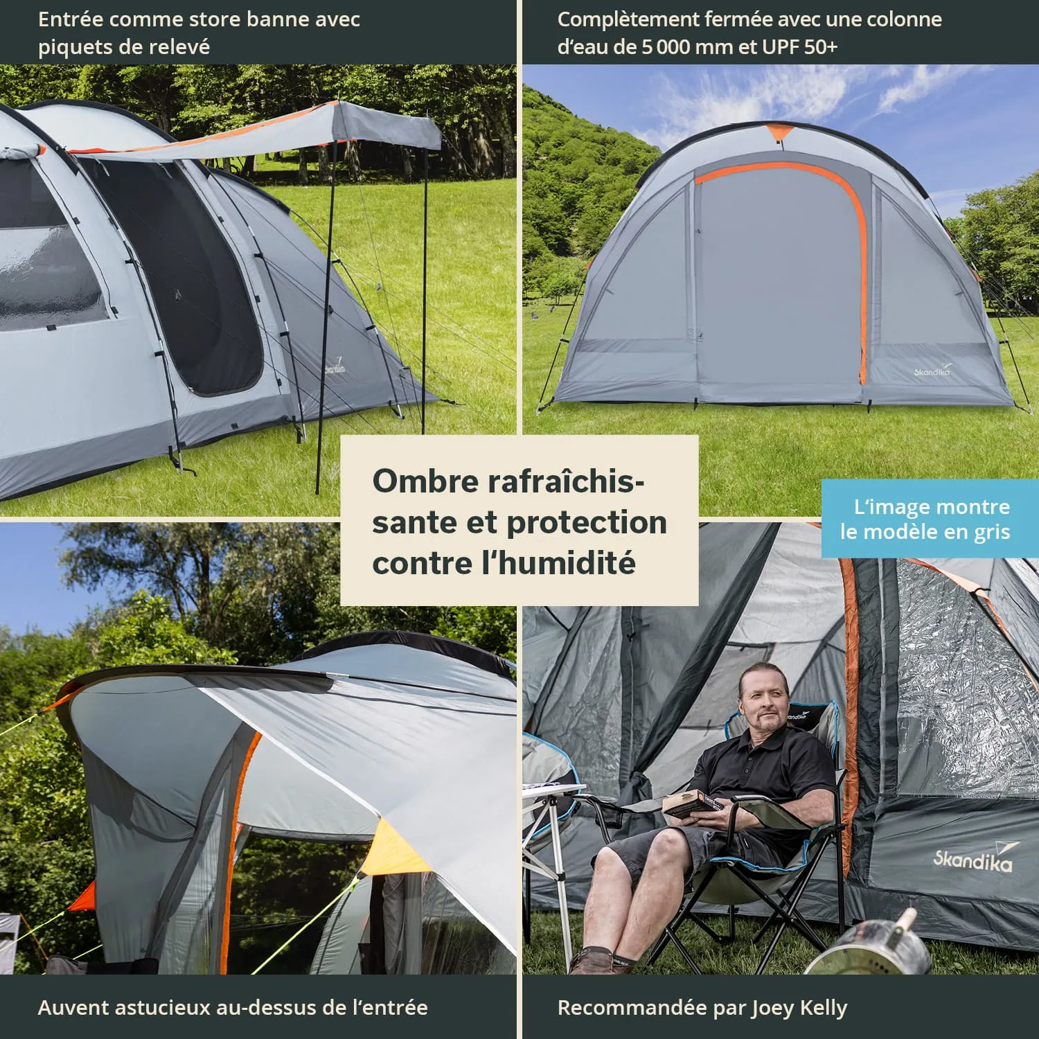 Graues Zelt auf grünem Rasen mit Sonnenschutz, Person im Campingsessel, umgeben von Bäumen.