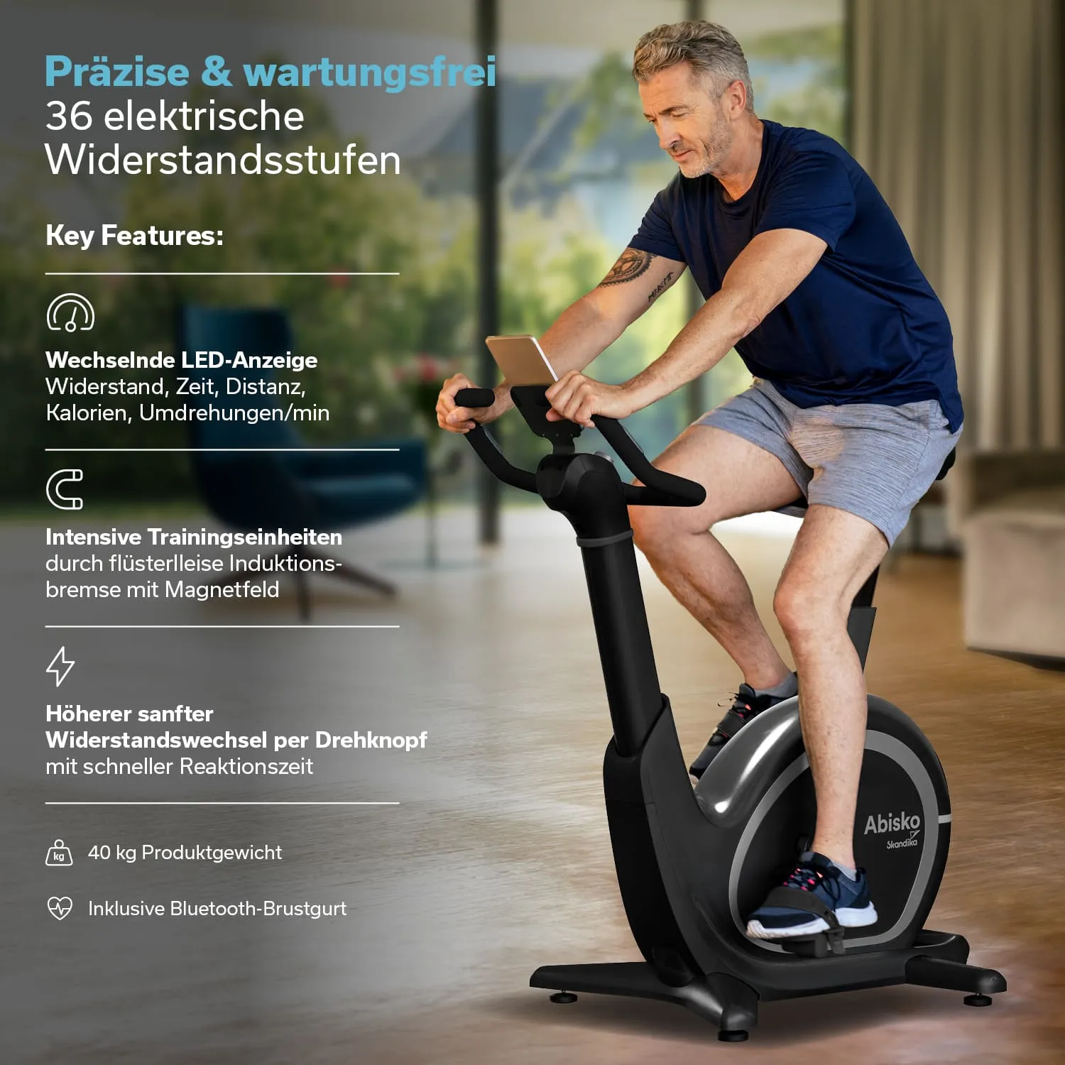 Smartphone an einem Trimmrad, das eine Trainingsoberfläche mit Landschaft zeigt. Text informiert über Kinomap-Zugang und Streaming-Optionen.