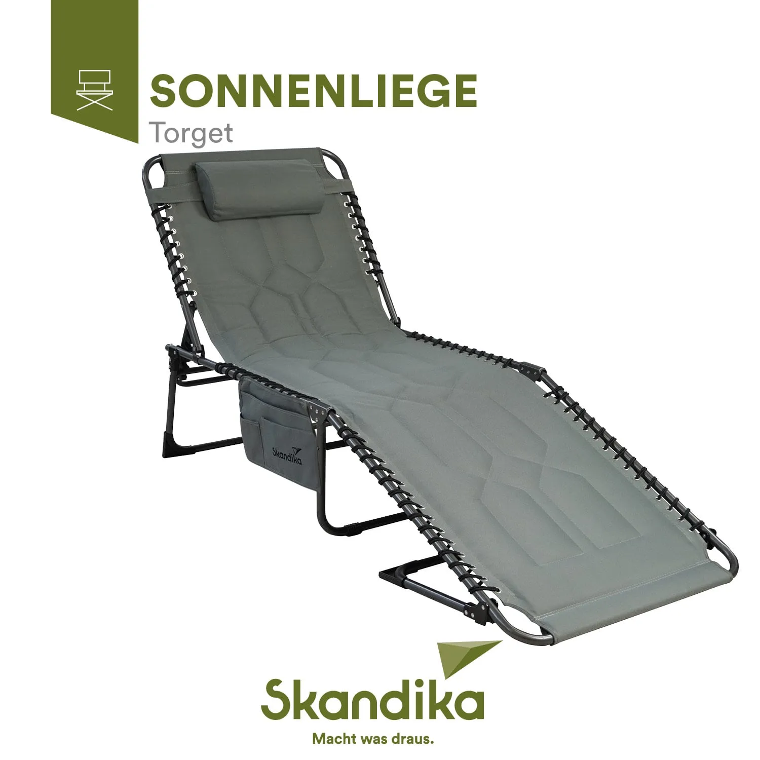 Sonnenliege in grau mit Kopfkissen und seitlichem Stauraum. Gestell aus schwarzem Metall, Liegefläche gepolstert.