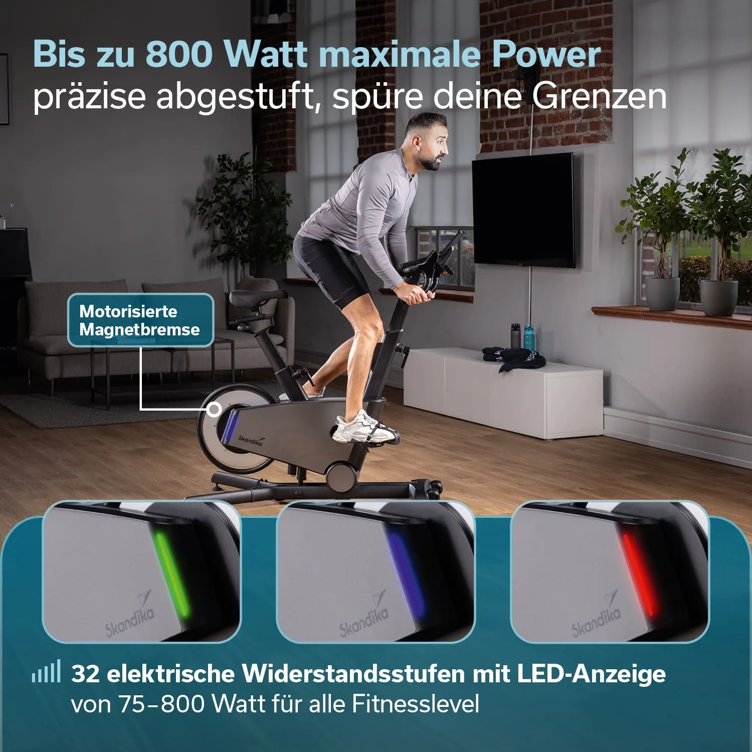 Person trainiert auf einem Heimtrainer in einem modern eingerichteten Raum mit Pflanzen und einem Fernseher im Hintergrund.