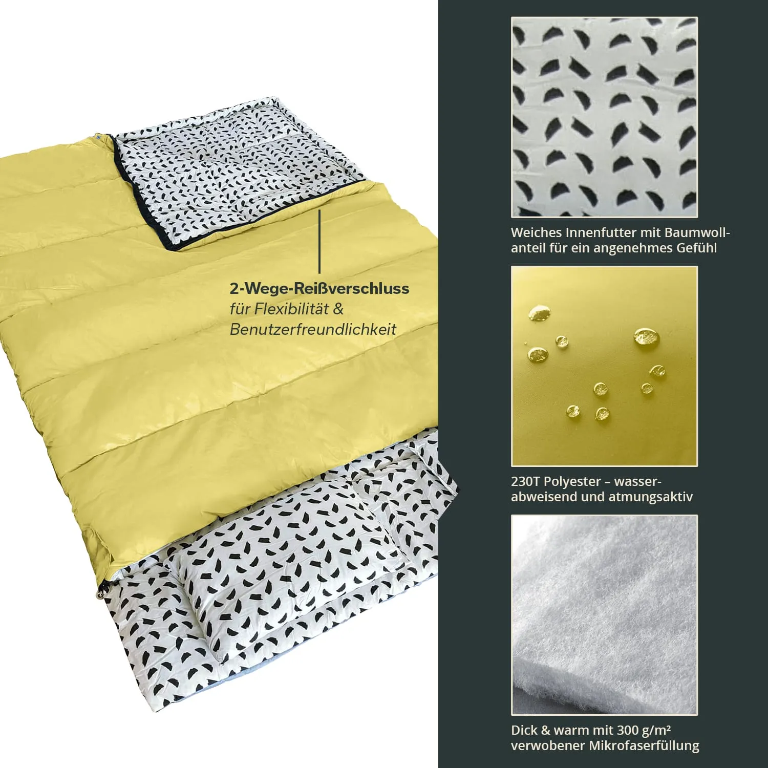 Gelbe Schlafdecke mit einem bunten Innenteil in Schwarz-Weiß und zwei Reißverschlüssen. Informationen zu Materialien und Eigenschaften.