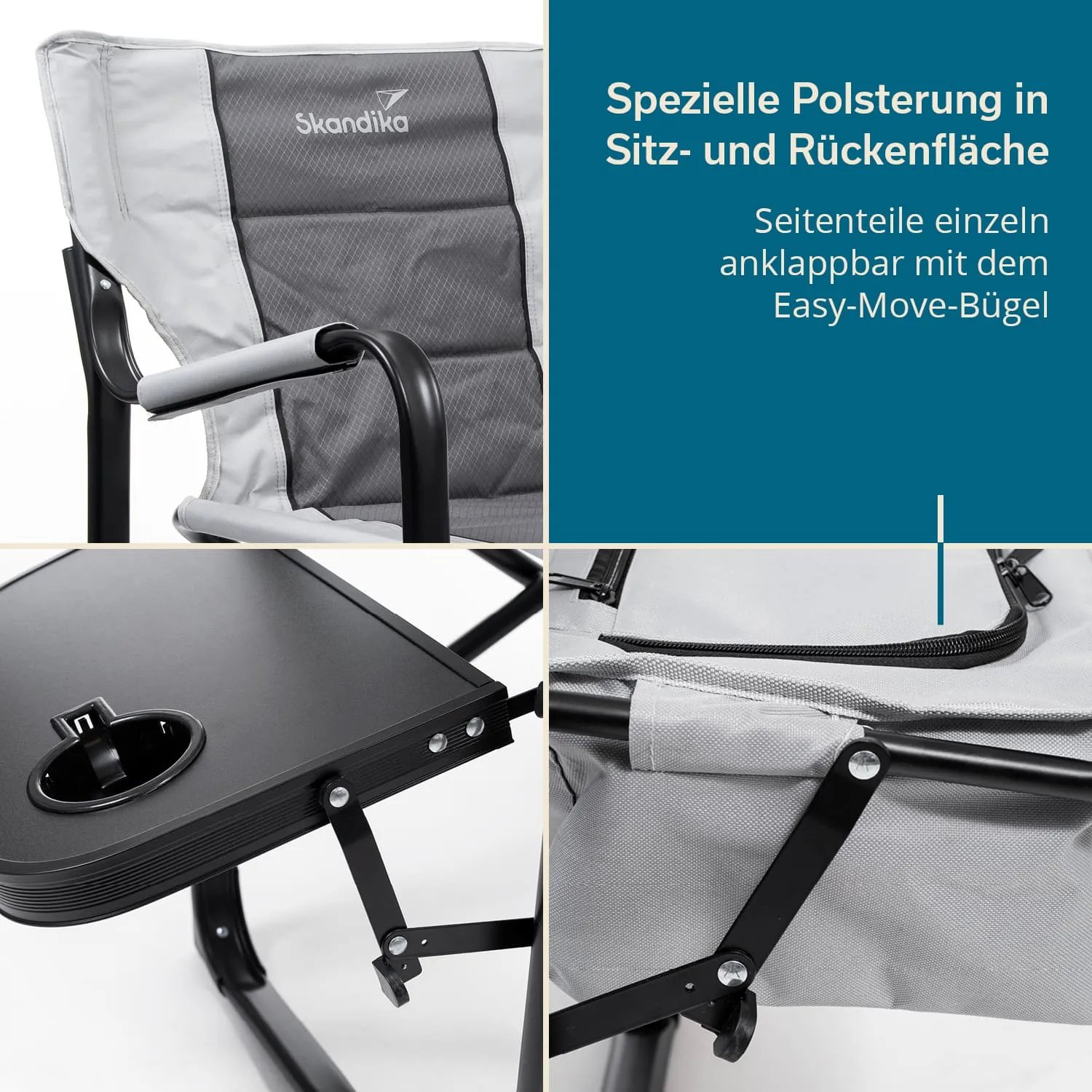 Faltstuhl mit grauer Polsterung und schwarzem Gestell. Details zu Polsterung, Klappmechanismus und Tischablage.