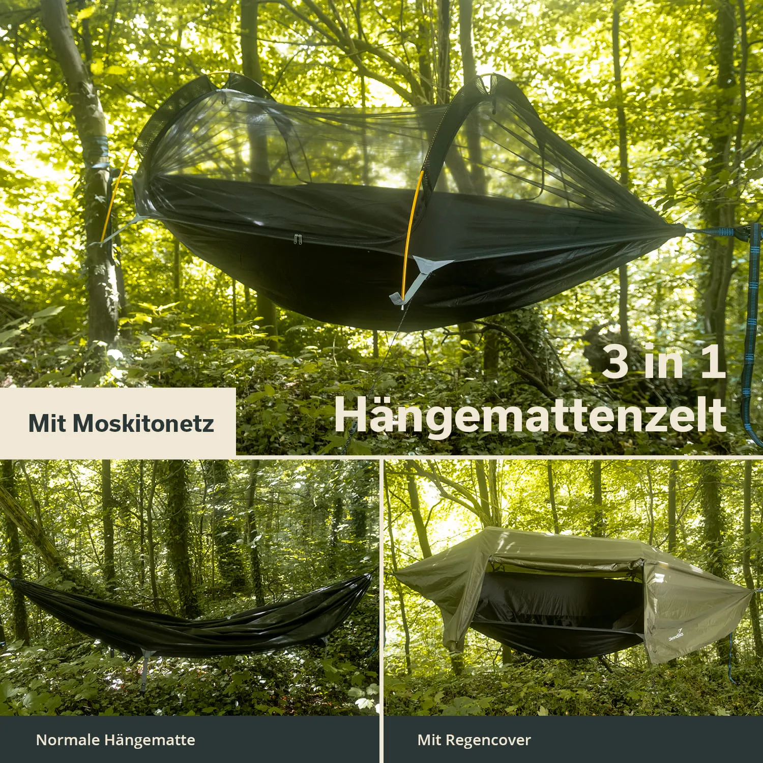 Hängemattenzelt in einem Wald, mit Moskitonetz oben. Unten zwei Varianten: normale Hängematte und Hängematte mit Regencover.