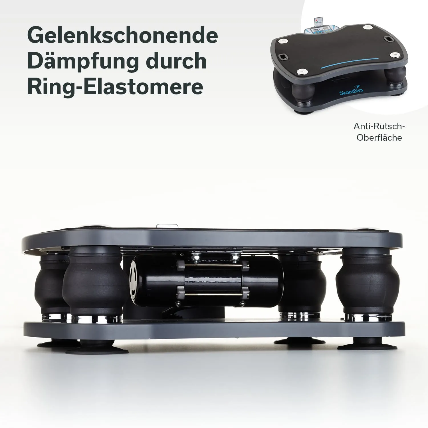 Grau-schwarzes Gerät mit elastischen Dämpfungsringen, Anti-Rutsch-Oberfläche und mechanischen Komponenten.