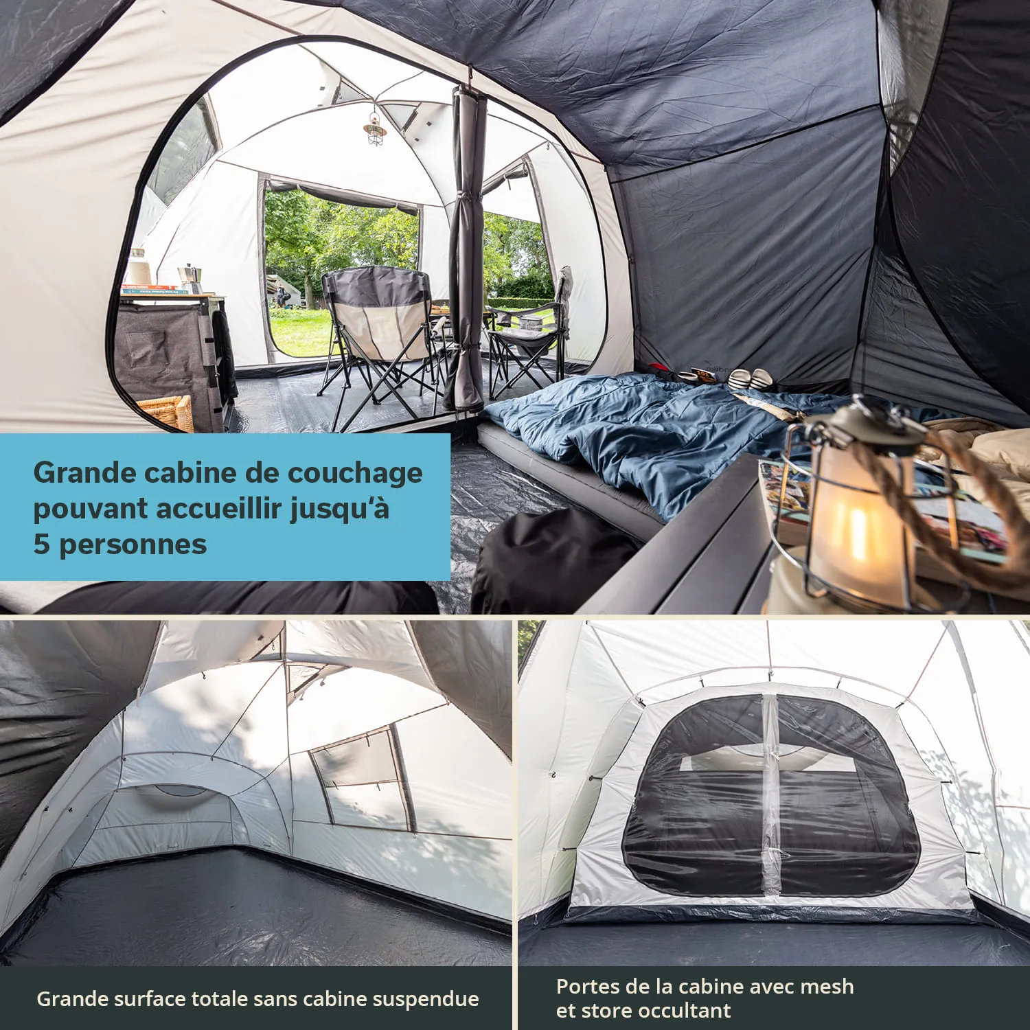 Zeltinterieur mit Schlafbereich für bis zu fünf Personen, Stühlen, einem Tisch und einem Schlafsack. Fenster und Lichtquelle sichtbar.