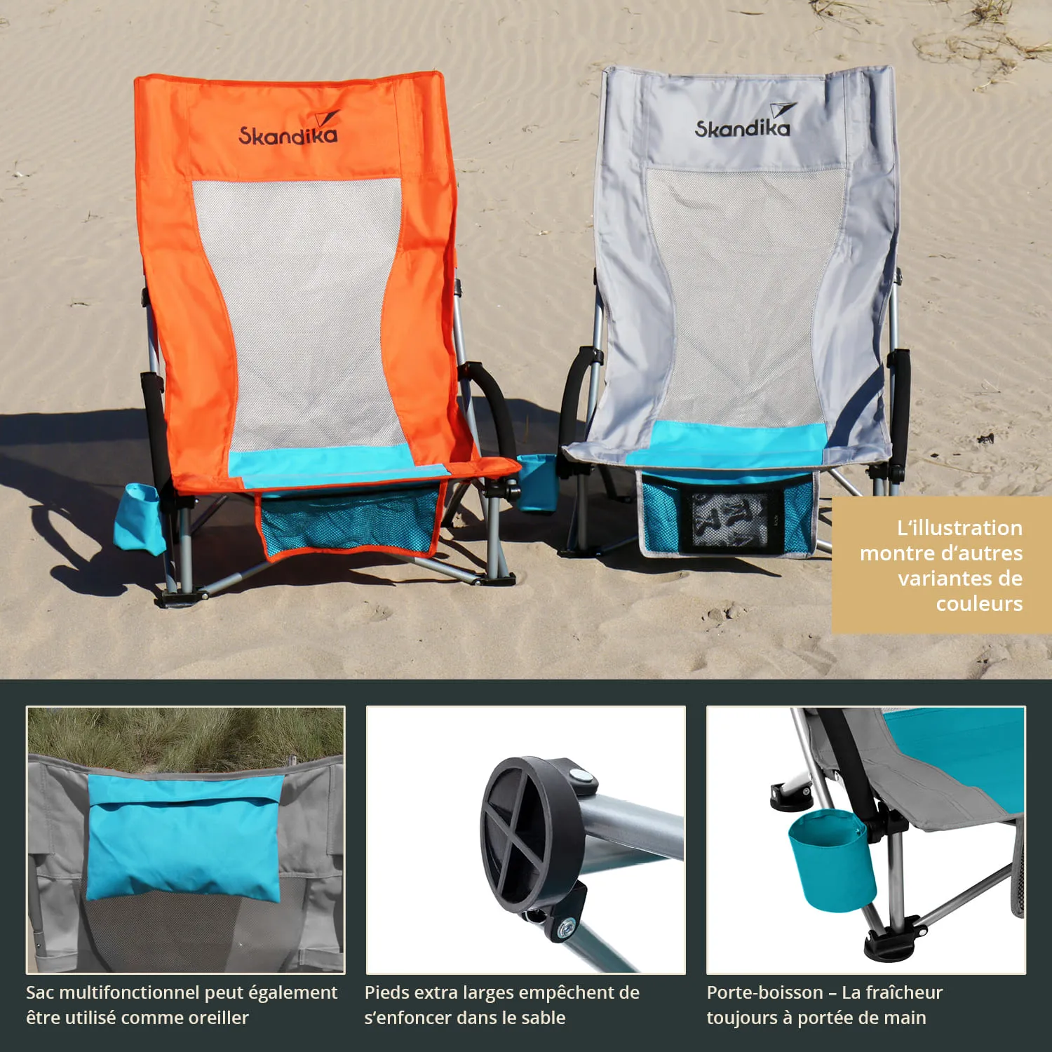Zwei Faltstühle in Orange und Grau stehen auf einem Sandboden, daneben Informationen zu Funktionen und Farben.