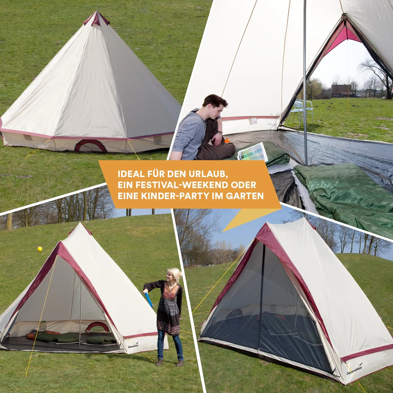 Pyramidenzelt auf einer Wiese, mit Innenansicht und zwei Personen, die am Zelt sitzen und spielen.