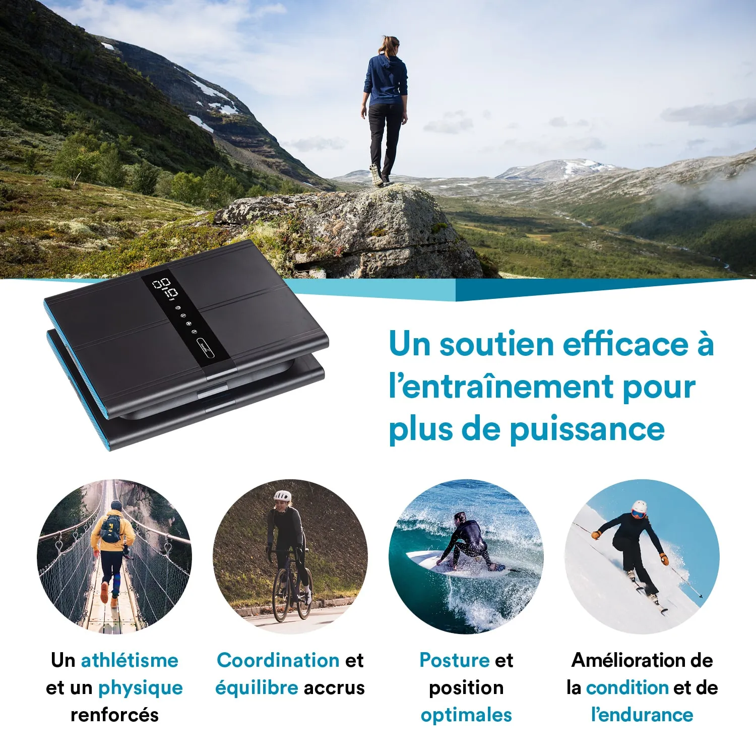 Gerät zur Unterstützung von Training mit digitaler Anzeige. Im Hintergrund eine Person auf einem Felsen in einer bergigen Landschaft.