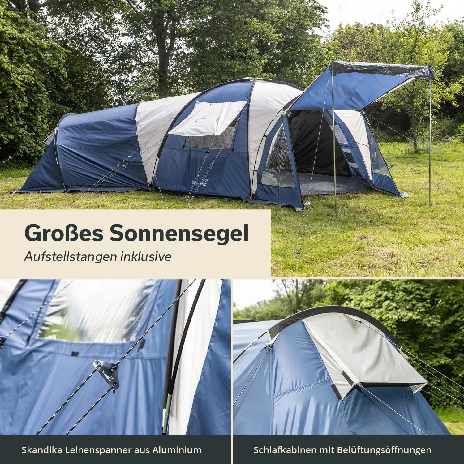 Großes Sonnensegel mit Zeltkonstruktion, aufgefächerte Stoffbereiche in Blau und Grau. Detailansichten von Spannern und Lüftungsöffnungen.