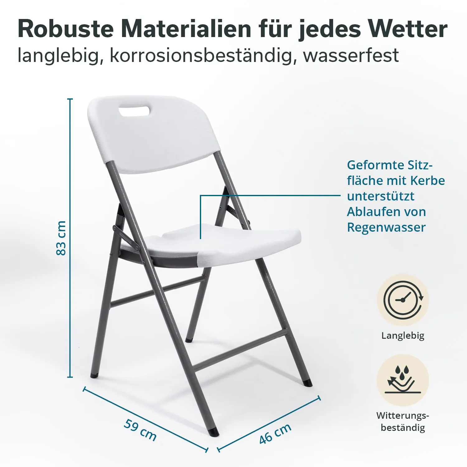 Faltstuhl in Weiß mit grauem Gestell. Maße: 83 cm hoch, 59 cm breit, 46 cm tief. Wetterbeständige Materialien hervorgehoben.