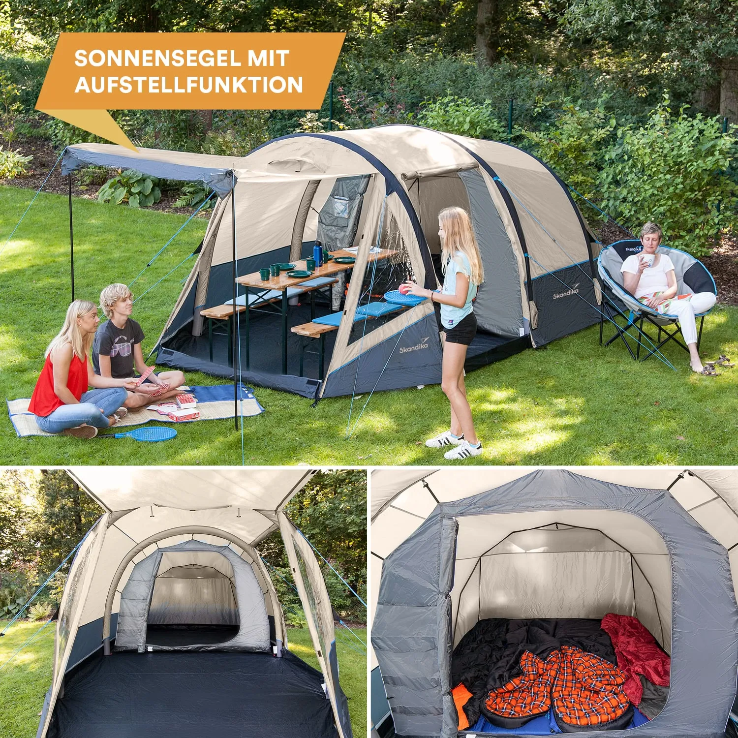 Zelt mit Sonnensegel und mehreren Sitzbereichen. Zwei Personen sitzen auf einer Decke, eine Person steht und spielt. Innenbereich mit Schlafplatz.