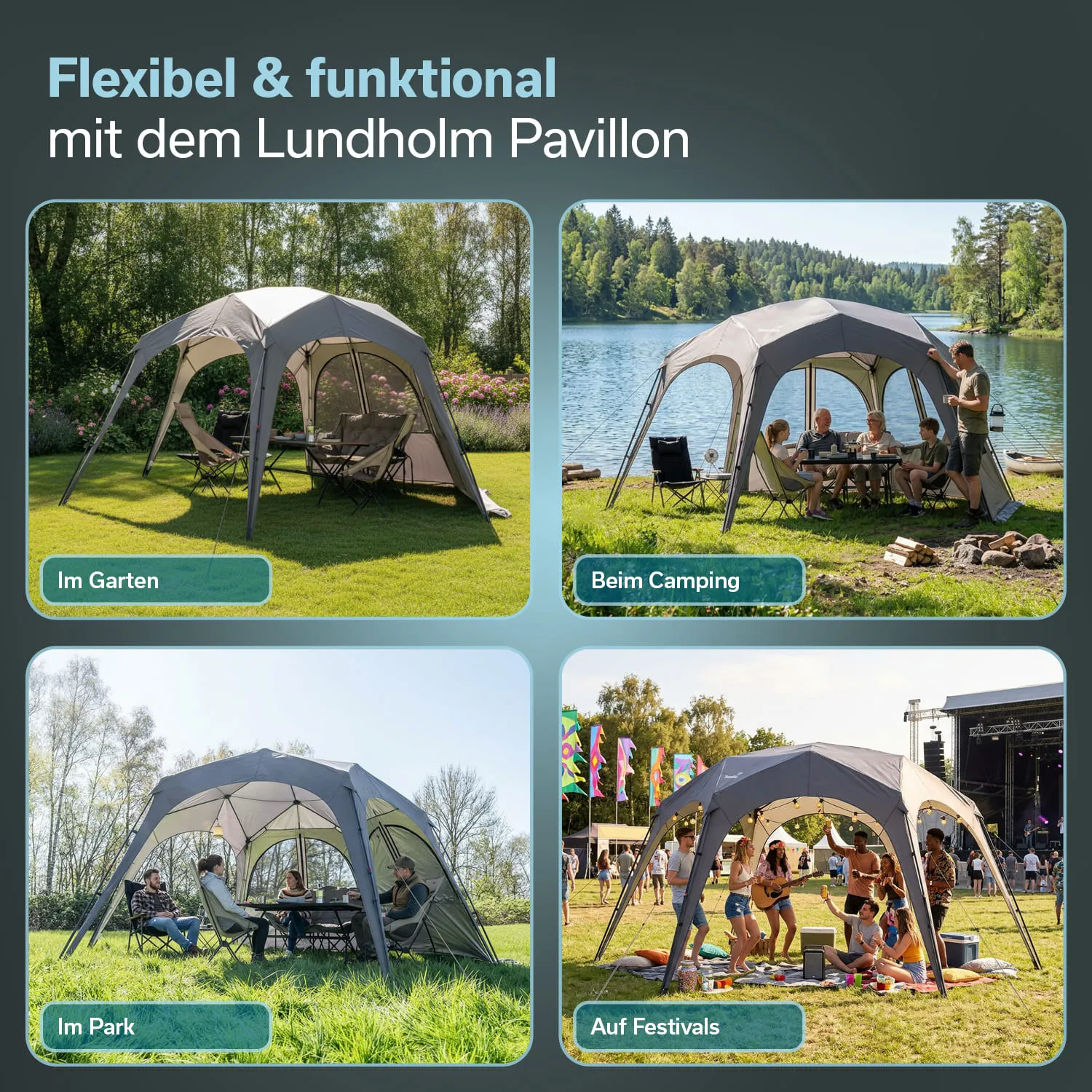 Pavillon in verschiedenen Umgebungen: Garten, Campingplatz, Park und Festival. Jede Szene zeigt eine Gruppe von Personen, die den Pavillon nutzen.