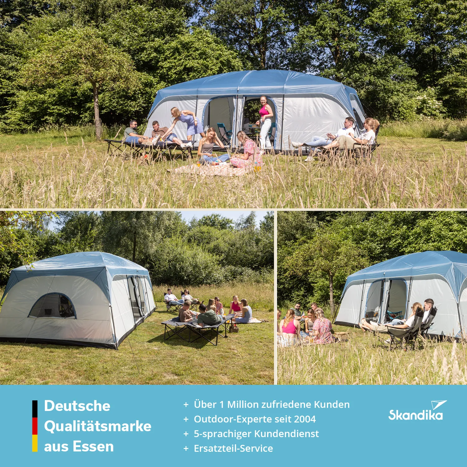 Zelt in einer Wiese, umgeben von Bäumen. Menschen sitzen und stehen in der Nähe, entspannen auf Stühlen und Decken.