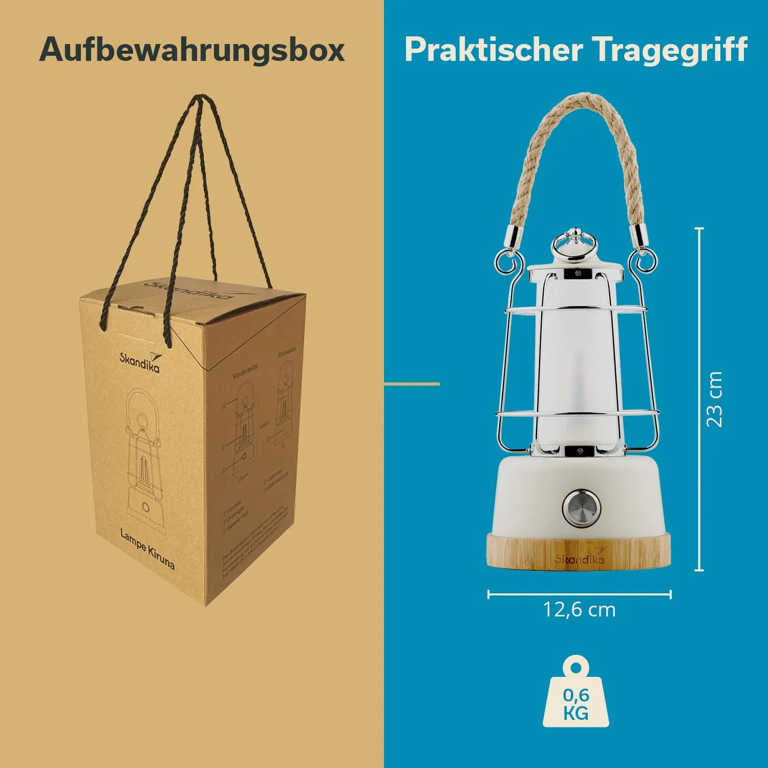 Aufbewahrungsbox aus Karton links, rechts eine Lampe mit praktischem Tragegriff und Maßangaben.