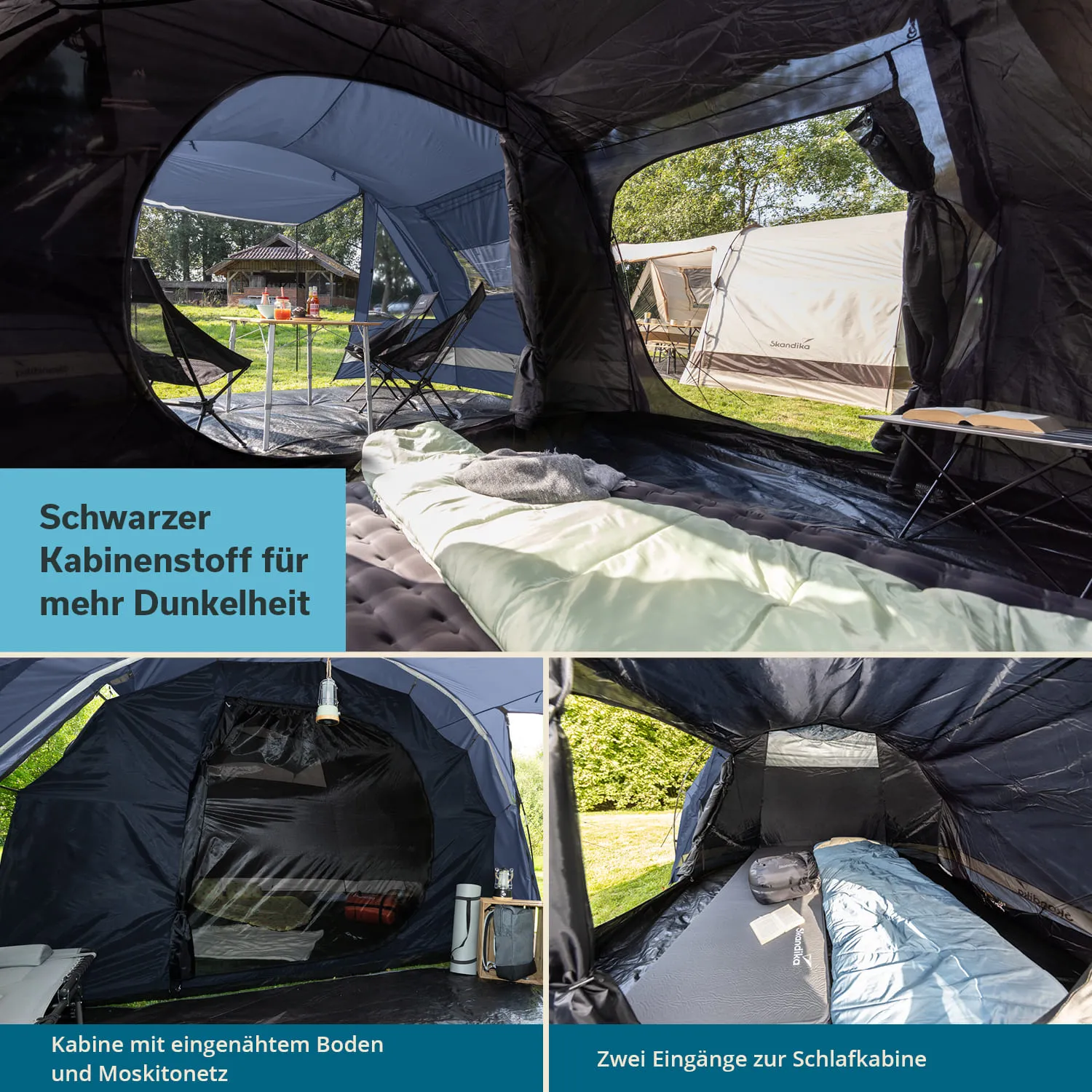 Schwarz-graue Innenansicht eines Zeltes mit zwei Eingängen. Luftmatratze und Campingmöbel sind sichtbar.