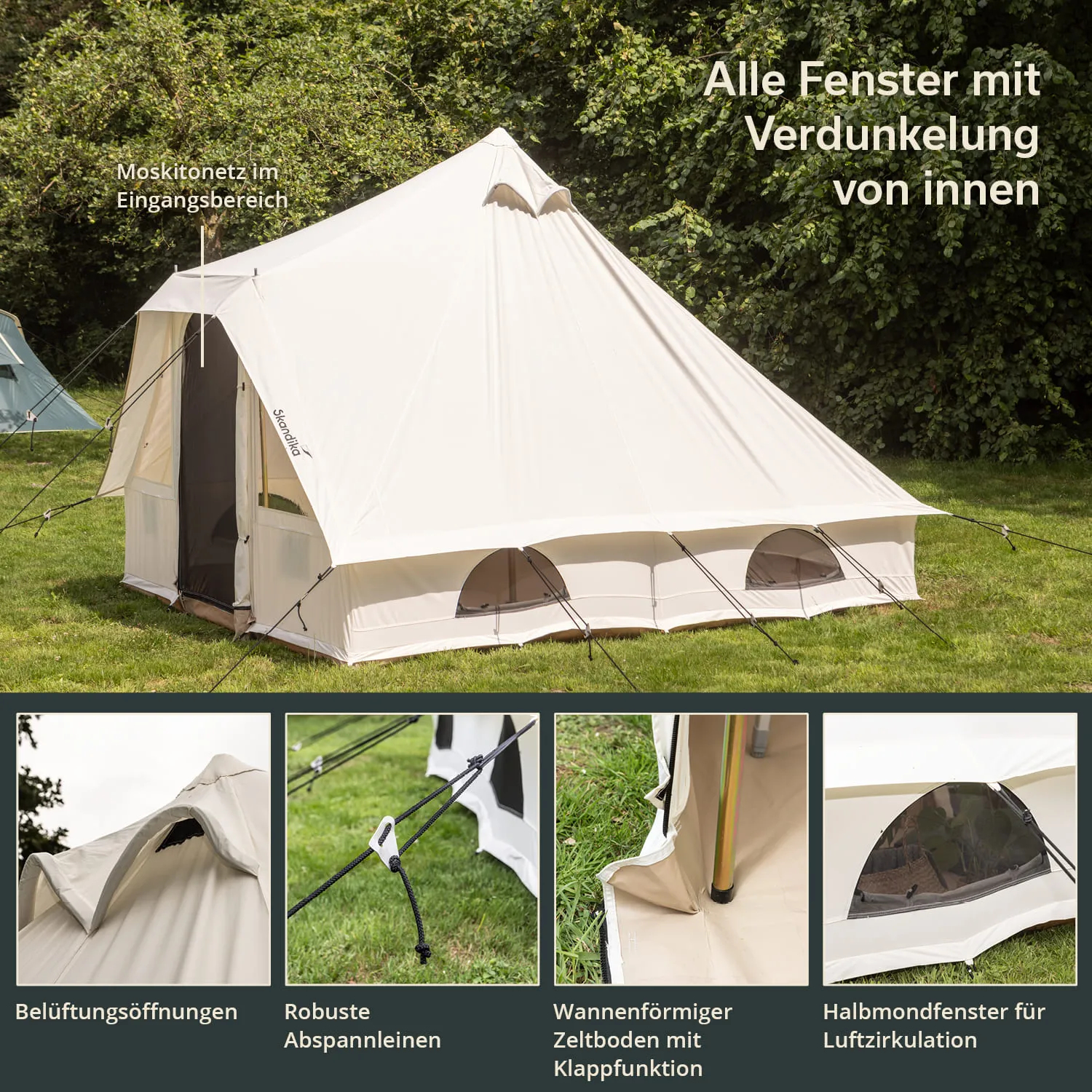 Zelt mit weißen Wänden im Freien, umgeben von Bäumen. Fenster und Moskitonetz am Eingang sichtbar. Informationen zu Belüftung und Materialien.