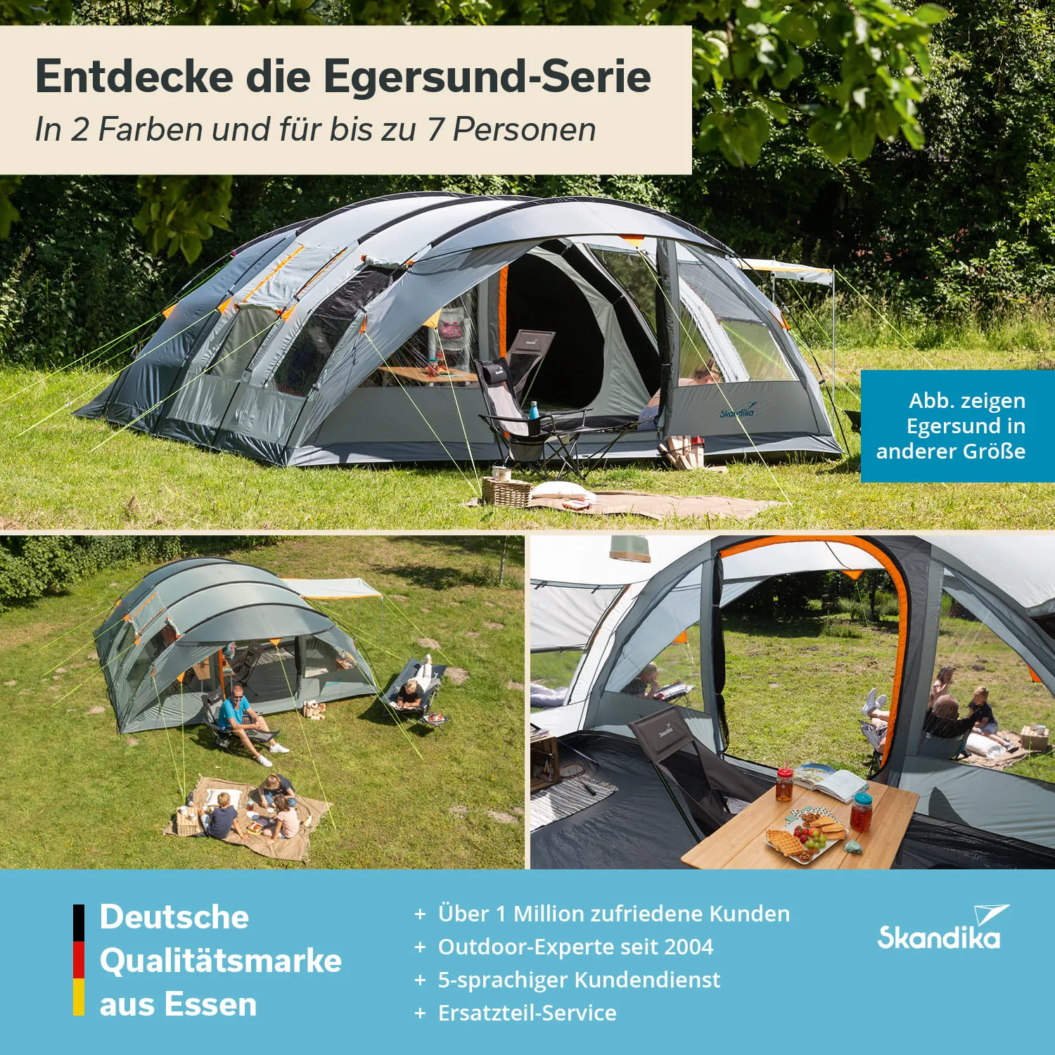 Zeltserie in zwei Farben, bis zu 7 Personen. Zelt auf Wiese, ein Tisch mit Liegen, im Hintergrund Bäume.